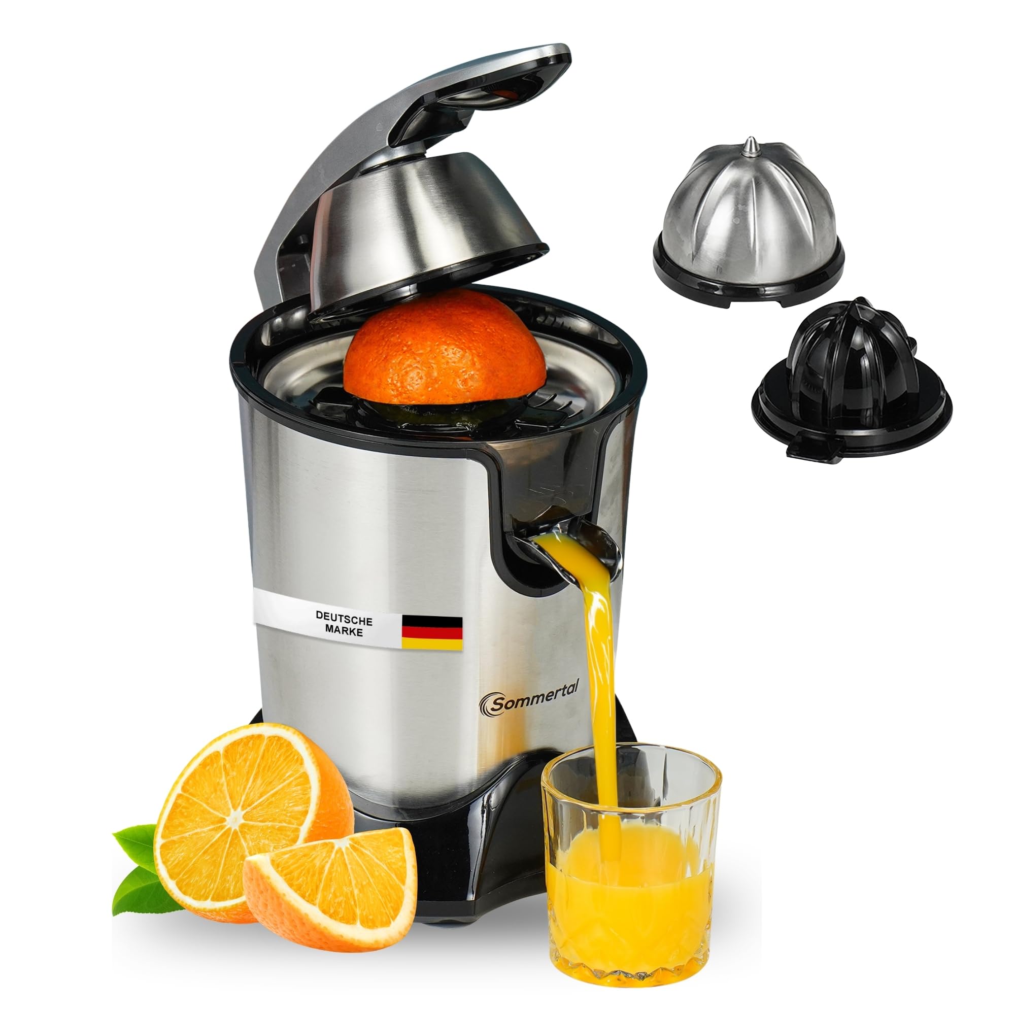 Sommertal Exprimidor Eléctrico De Naranjas 850W – 2 Conos De Acero Inoxidable – Capacidad 350ml – GS Certified