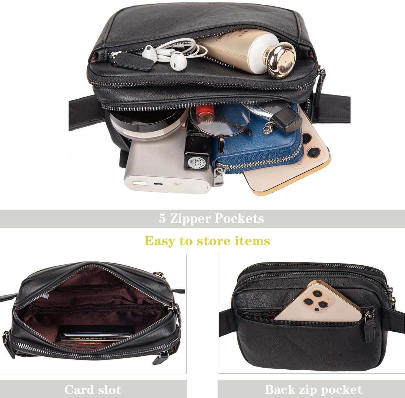 Fanny Packs for Women, Leather Vegan Belt Bag Crossbody Waist Bag Adjustable Strap, Large Fashion Everywhere Belt Bag, Black - Image 4