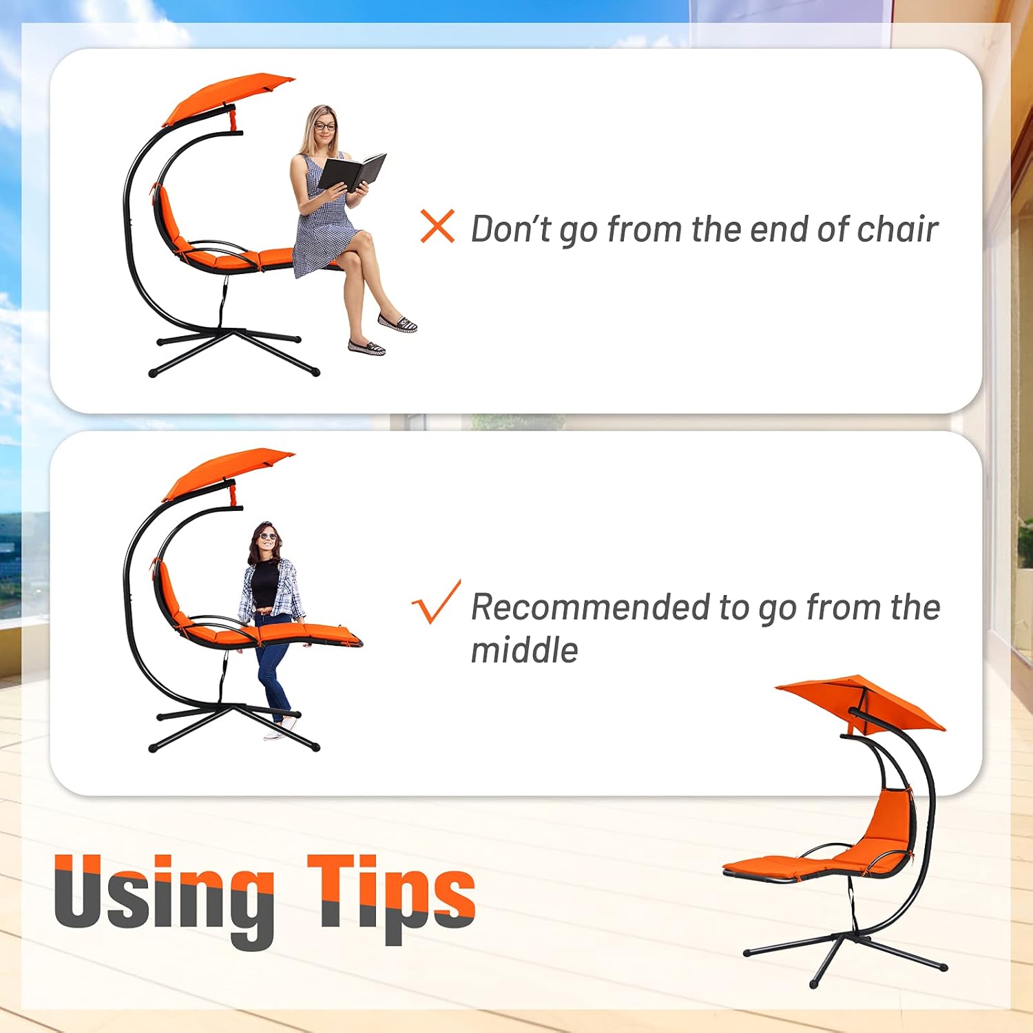 Giantex Outdoor Hanging Chaise Lounge Chair, Patio Hammock Chair with Removable Canopy, Cushion & Anti-toppling Rope, Hanging Arc Chaise Hammock for Patio Poolside Backyard Garden Porch (Orange)