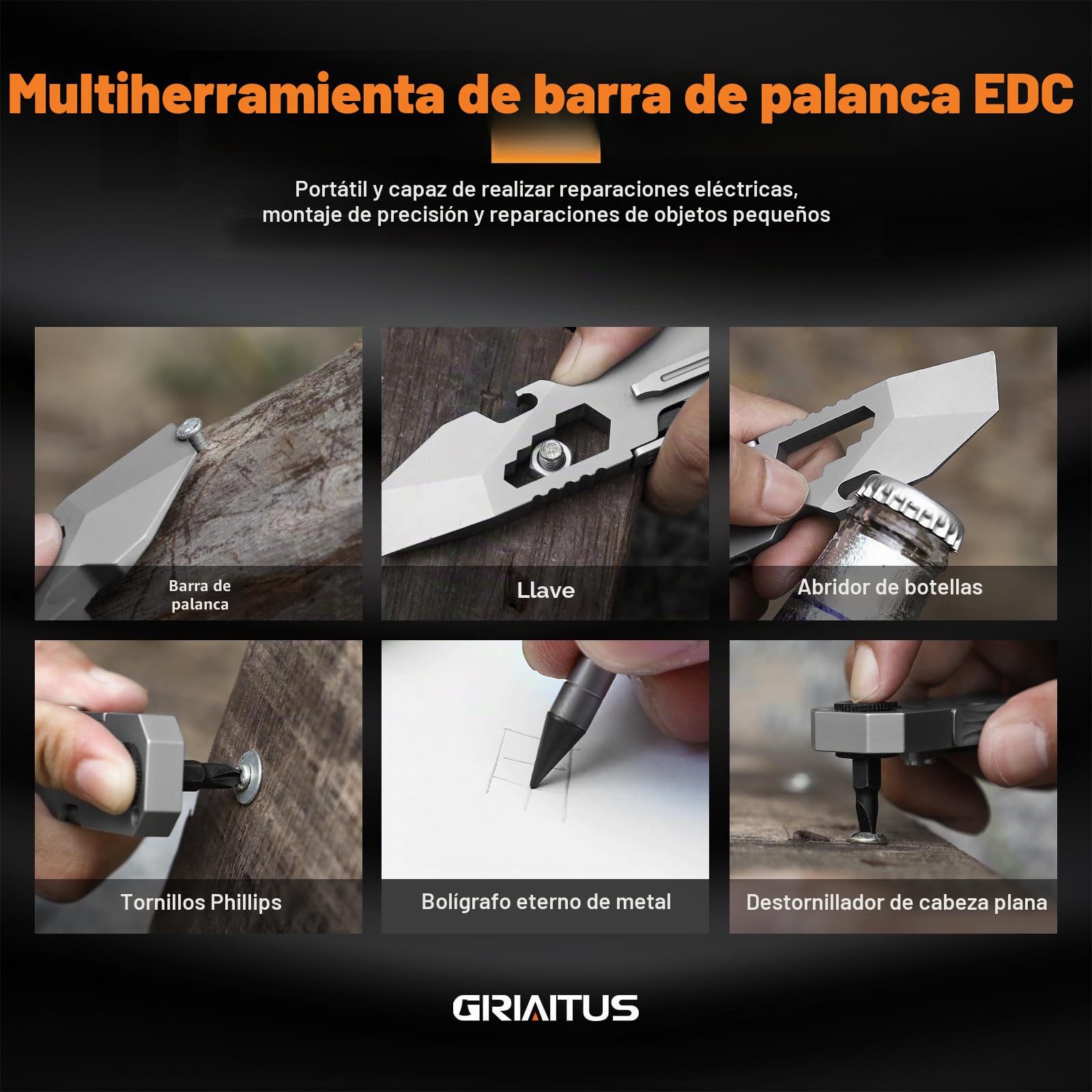 Multiherramienta EDC con barra de palanca con destornillador de trinquete bidireccional y bolígrafo eterno, llaves, palanca, abridores de botellas y cajas, accesorios para acampar