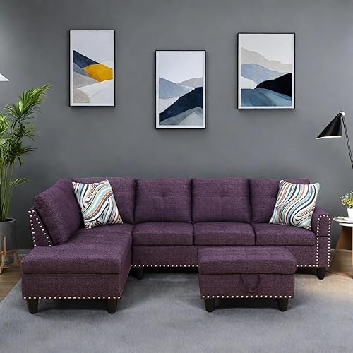 Miniatura 5 de Juegos modernos de muebles de sala con portavasos, sofás modulares seccionales con diván, sofá en forma de L de 4 plazas con otomana de