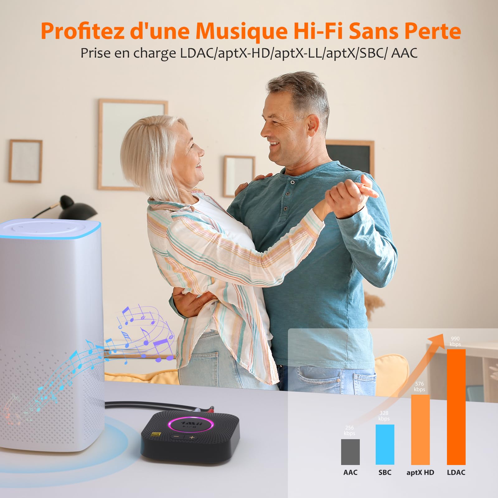 1Mii B06S+ LDAC Recepteur Bluetooth 5.3 Haute Résolution Stéréo à Domicile | Adaptateur Audio pour Musique sans Fil Hi‑Fi avec aptX HD/Faible Latence, Récepteur de Contrôle du Volume Longue Portée