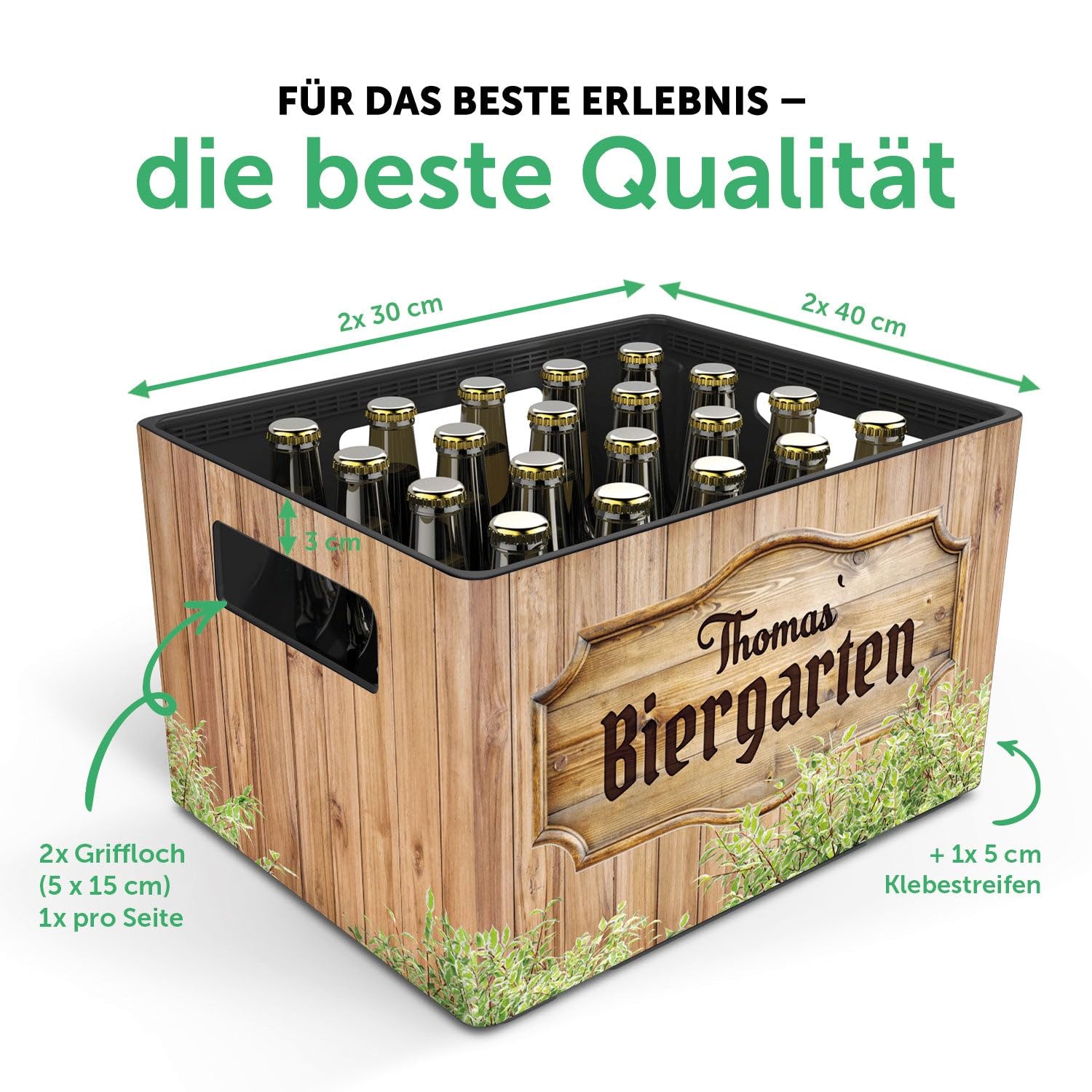 GRAVURZEILE Bierkasten-Banderole - Biergarten - Personalisiert mit Name - Geschenkidee für Männer zum Vatertag & Geburtstag - Inkl. 24 Flaschendeckel-Aufkleber - Passend für 20er Bierkasten