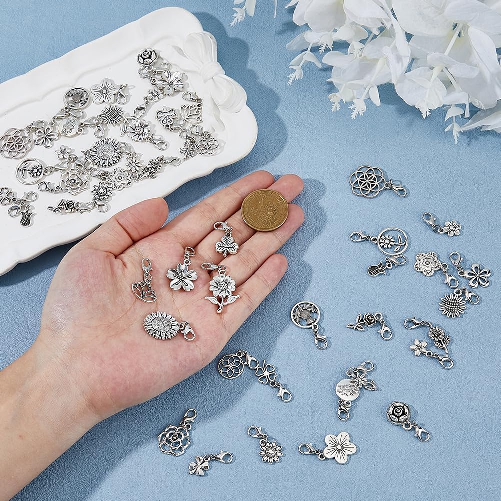50Pcs Clip on Charm Pendants 25 Styles Antique Silver Flower Charms with Lobster Clasps Floral Alloy Zipper Pendant for Bag Purse Keychain Jewelry Making DIY Crafts - Image 2
