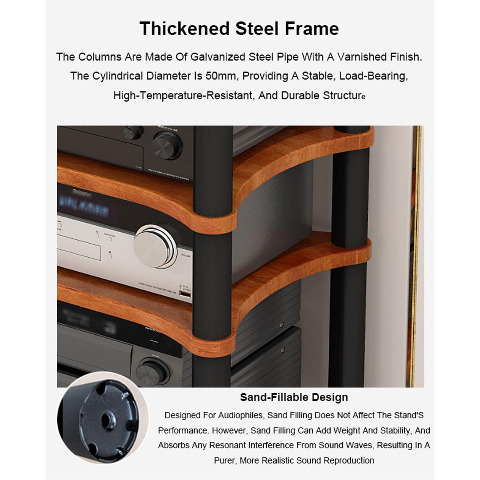 Meuble Hi-FI à 3 Niveaux avec Pieds amortisseurs, Rack Audio-vidéo en Bois pour Platine CD et Vinyle, élégant Meuble de Salon, Finition Noire, Support Robuste pour équipement Audio.