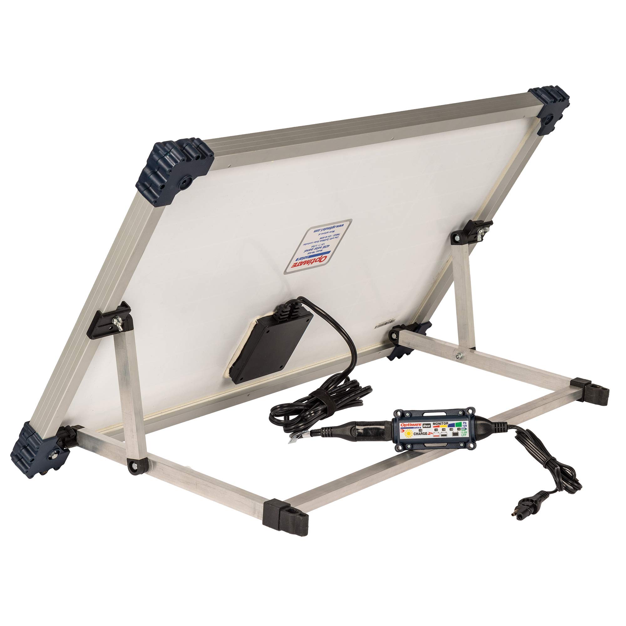 Kit Solaire Portable OptiMate Solar Duo 40W 12V – Chargeur Solaire Intelligent 6 étapes 3,3A avec régulateur, Support réglable & Sac – AGM, Gel, STD et LiFePO4