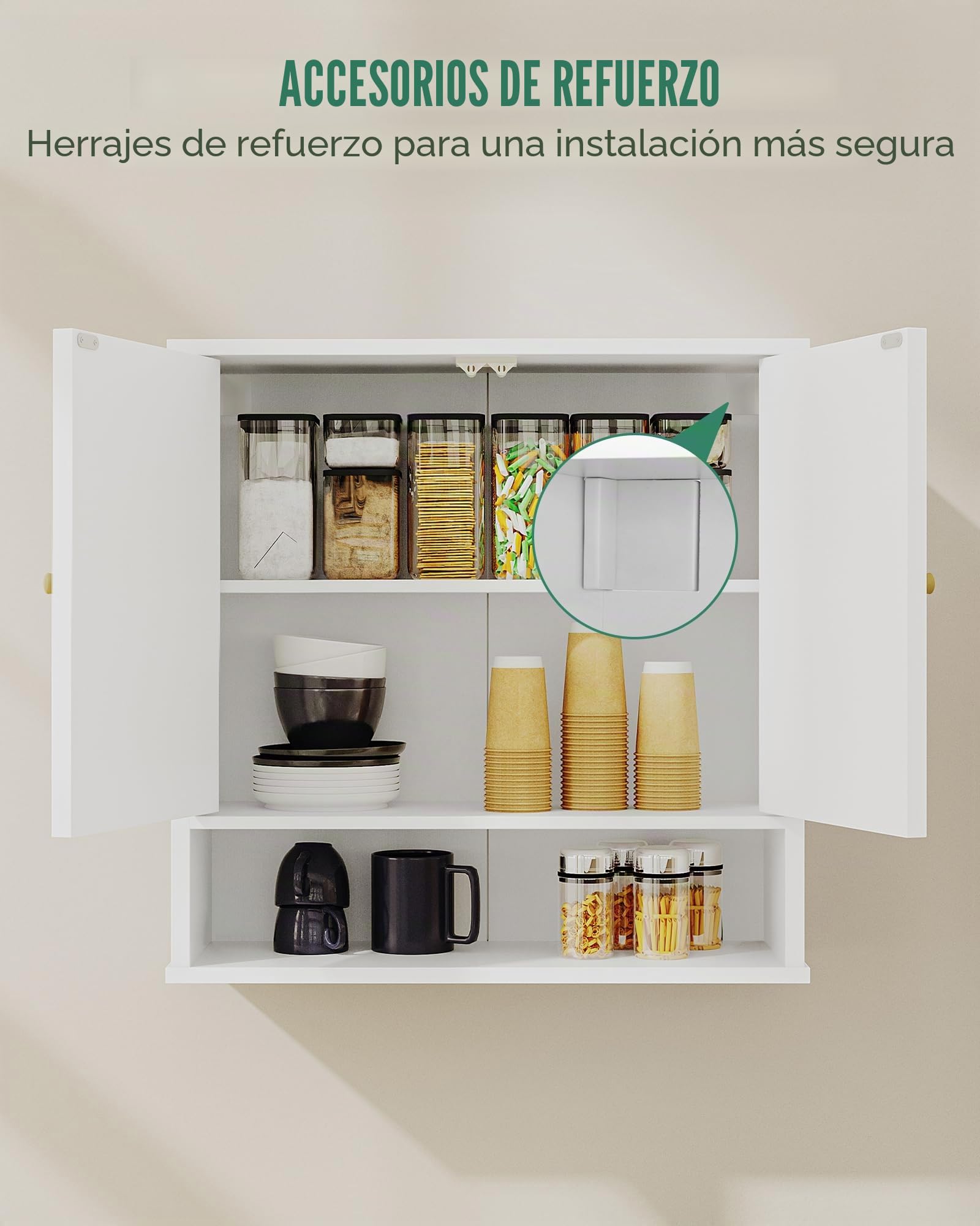 Hzuaneri Armario de Pared de Baño, Armario de baño Encima del Lavabo con 2 Puertas, Espacio Abierto y Estantes Ajustables Armario de Medicina, Blanco con Veta de Madera BC40113X