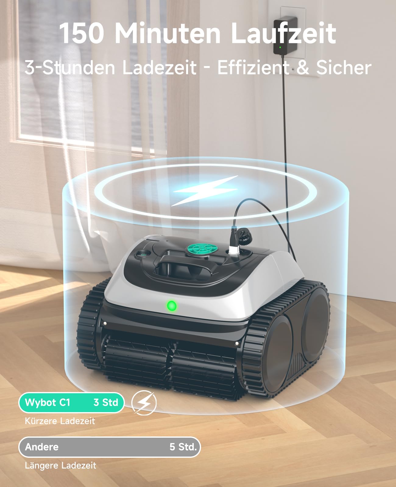 WYBOT C1 Poolroboter mit Akku Intelligente Routenplanung, Vollautomatisch Poolreiniger Boden, Wasserlinie, und Wandreinigung, leistungsstarke Dreifachmotor läuft 150 Minuten lang, bis zu 150 ㎡-Weiß