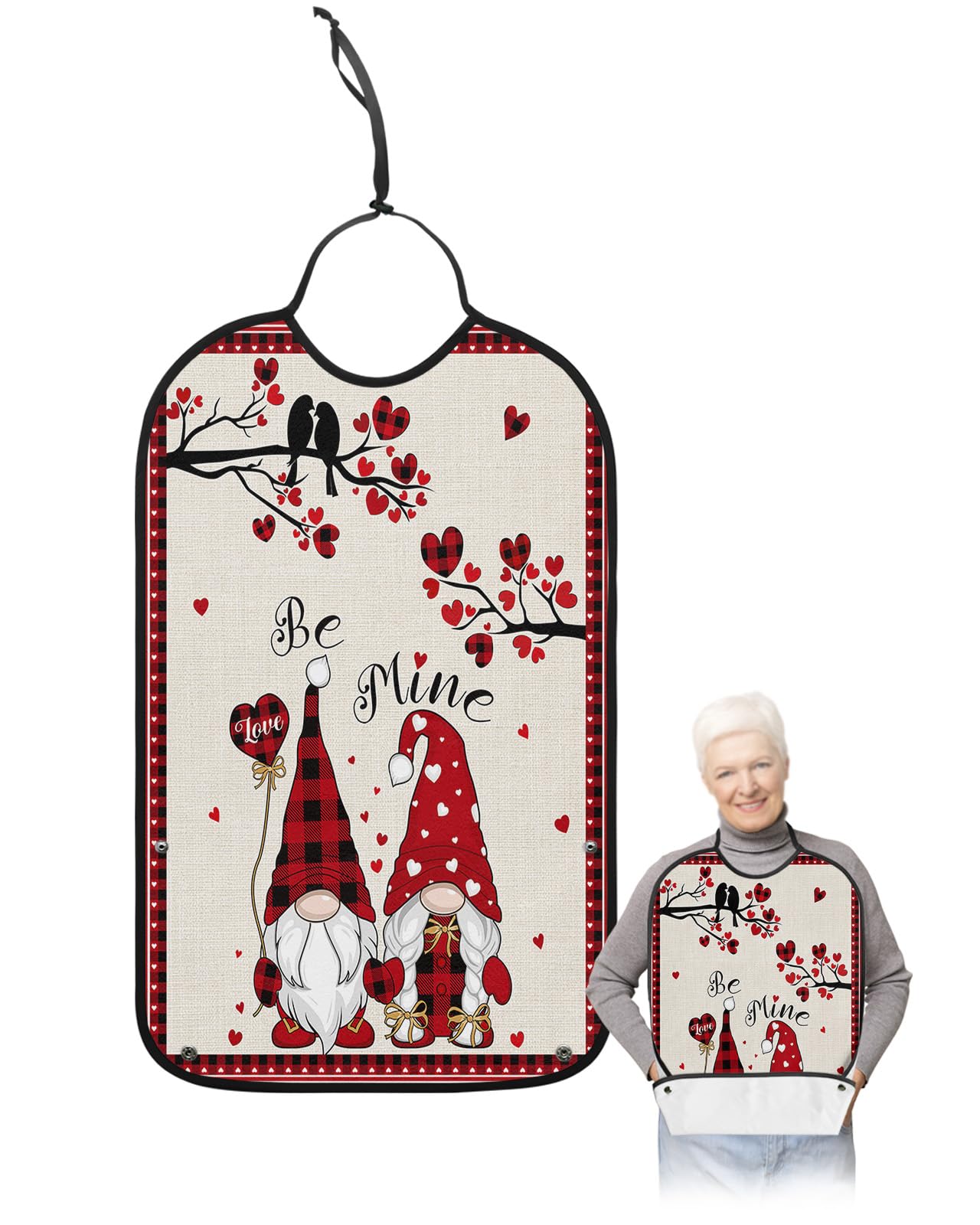 Valentine's Gnomes Adult Bib for Eating with Crumb Catcher,Washable & Waterproof Terry Cloth Adjustable Elderly Women Men Adult Bibs Funny Clothing Protector Red Plaid Saint Farmhouse Love-Tree-Bird