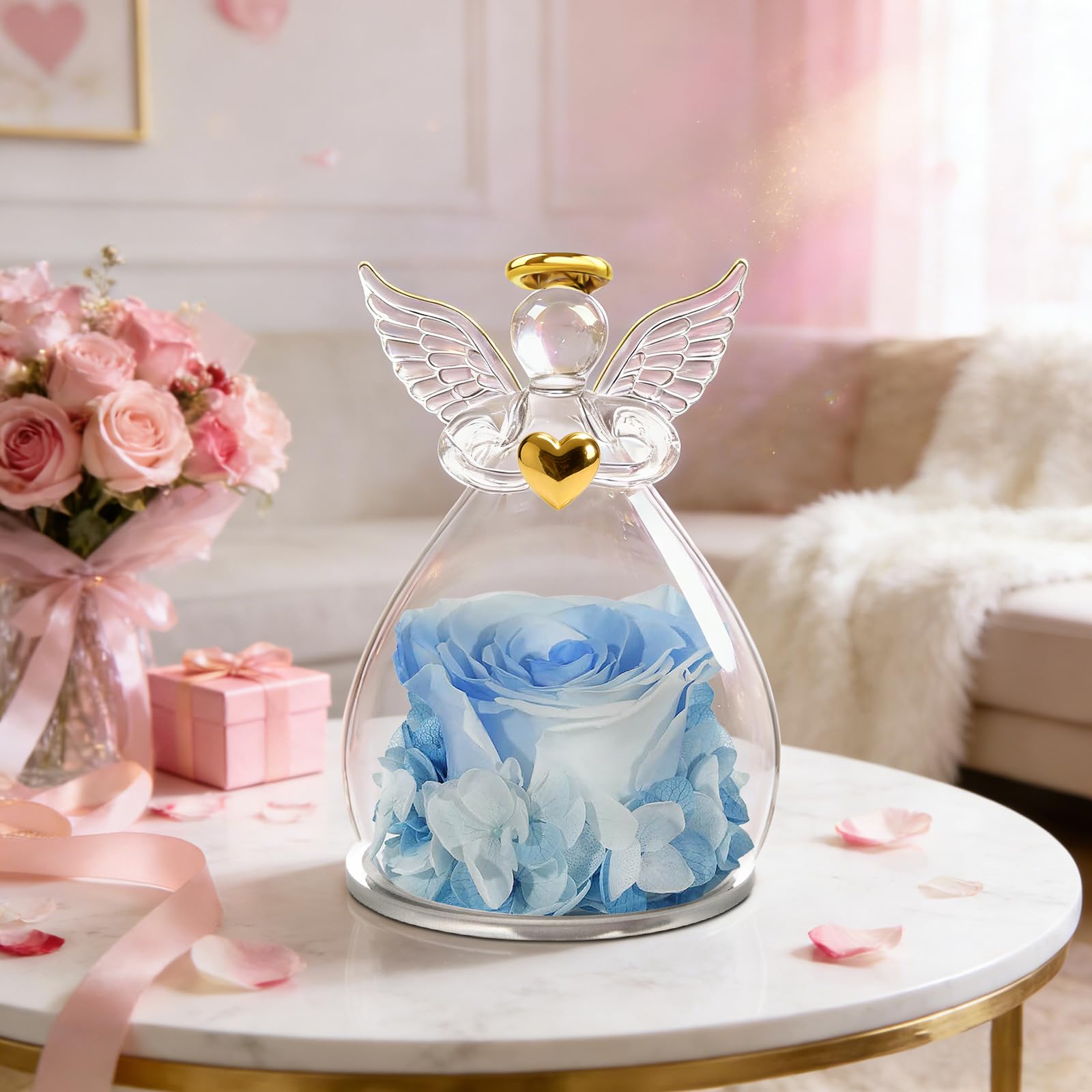 Sunia Rosa Eterna Angelo Donna, Rosa Stabilizzata con Figurine Angelo Regalo Mamma, Angelo Custode Regalo Donna Compleanno, Regali per Lei, Regalo Nonna Natale San Valentino Festa della Mamma