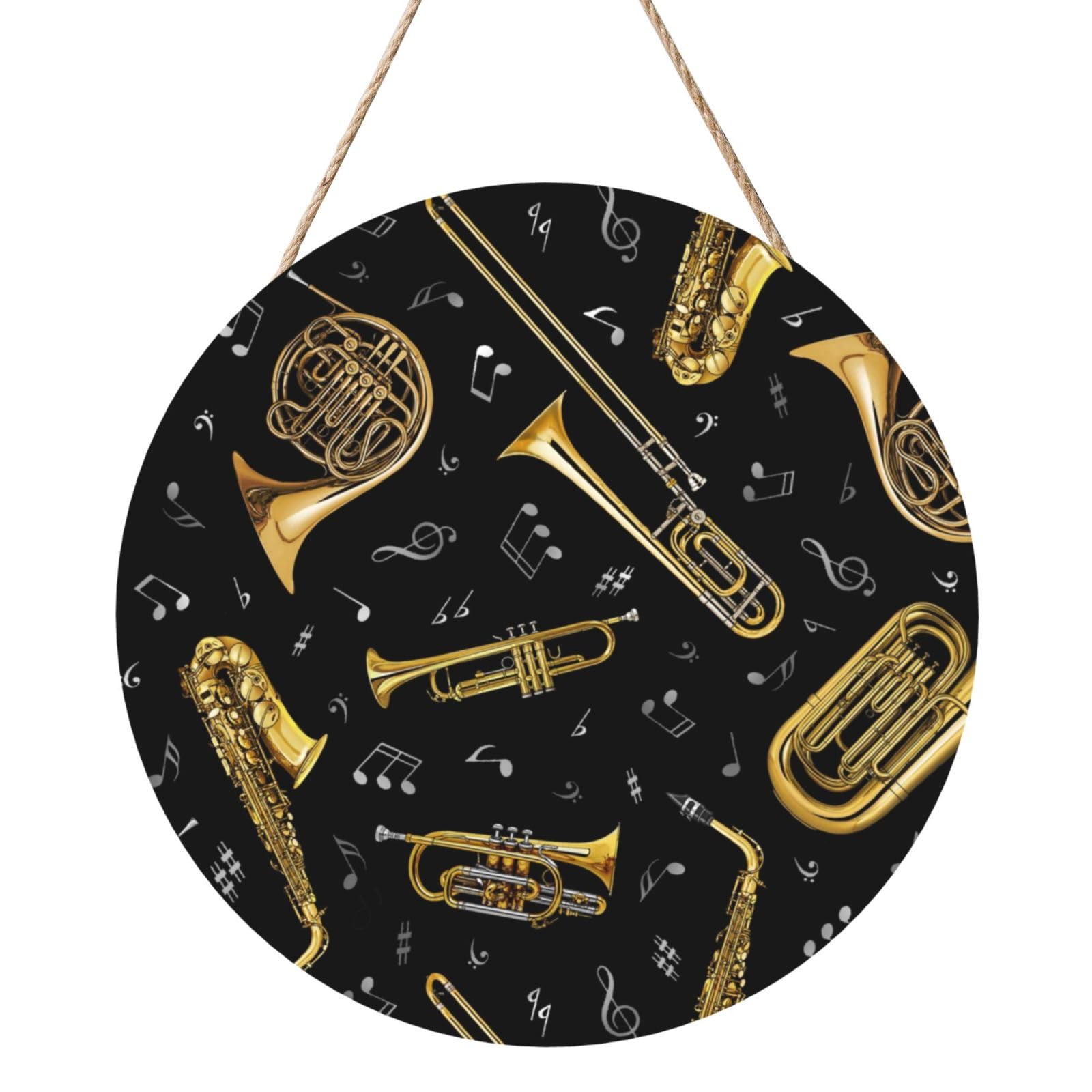 InOmak Trumpet Musical Notes, Round Wood Panel Painting 12 in, Wall Hanging Painting For Home