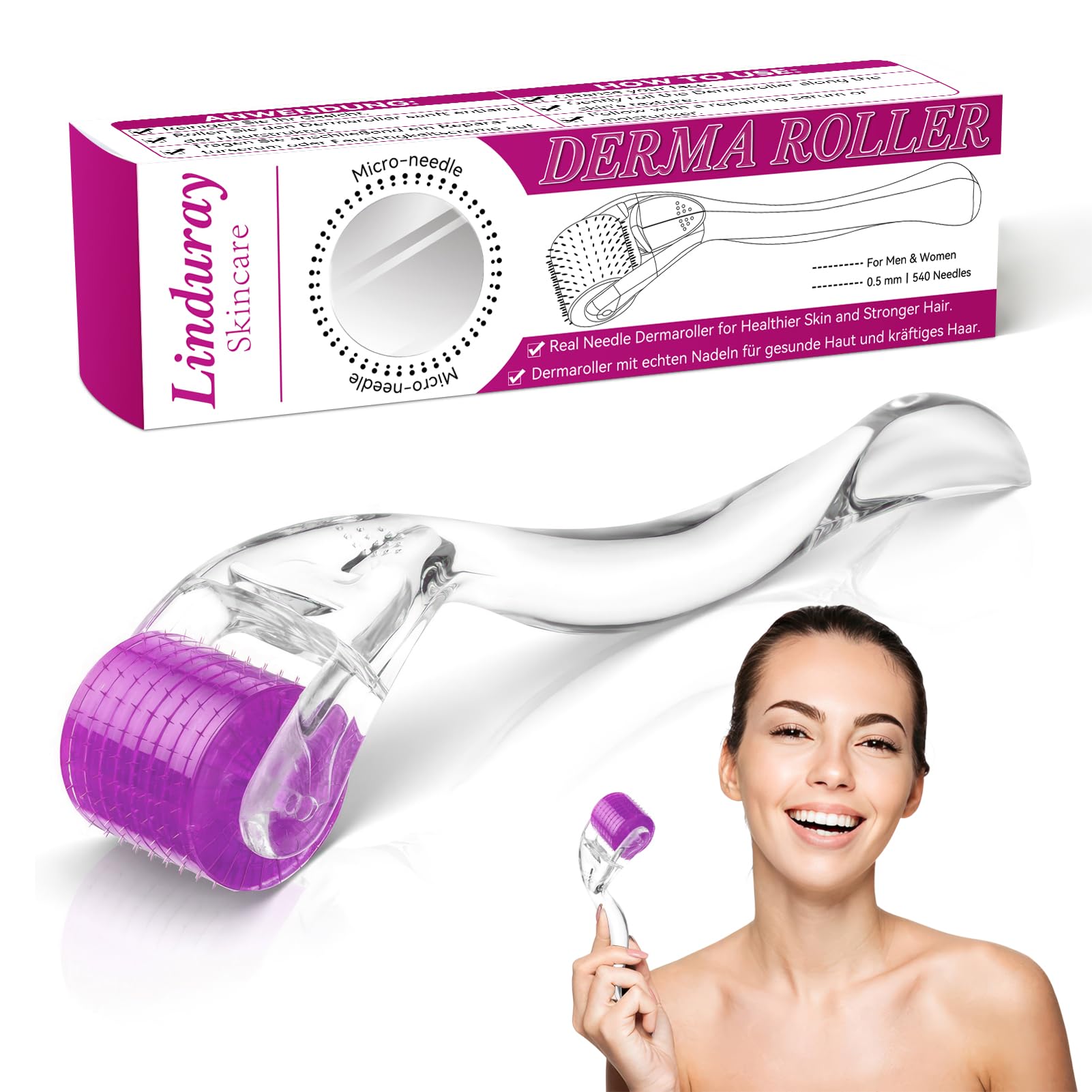 Bartroller 0,5 mm – Derma-roller mit 540 Titan-Nadeln für Bartwuchs & Haarwachstum, professioneller Microneedling Roller für Gesicht, Kopfhaut & Körper – Männer & Frauen, Anti-Aging, Hautpflege(Rosa)