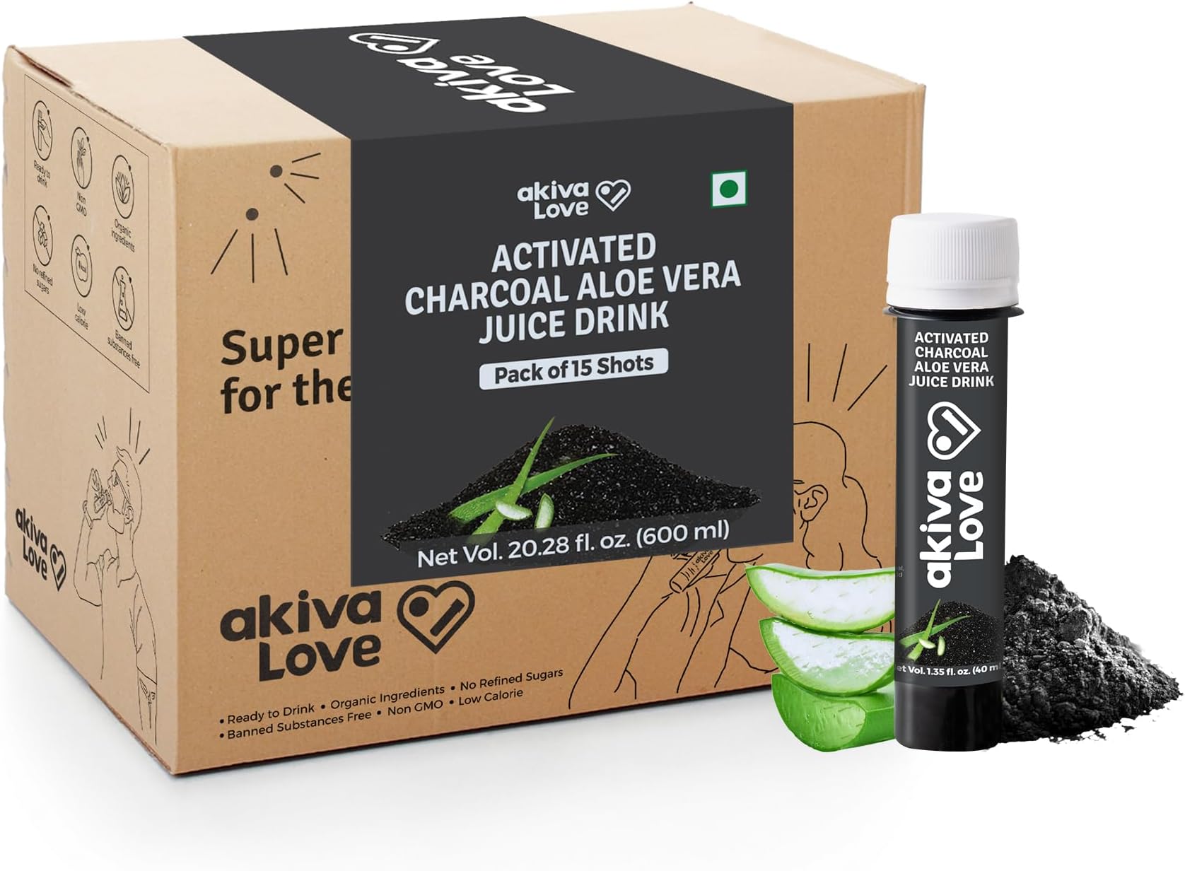 AKIVA LOVE Activated Charcoal Health Shots with Aloe Vera for Detox and Digestion, 600 ml (15 Shots X 40ml)
