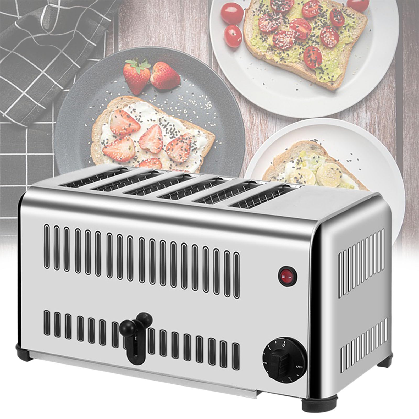 Tostadora de 6 Rebanadas, Tostadora de Acero Inoxidable, Máquina para Hornear Pan Comercial de 6 Ranuras, con Temporizador, para Restaurante, Hogar 2240W