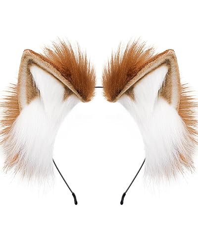 ZFKJERS Furry Fox Wolf Cat Ears Headwear Women Men Cosplay Costume Party Cute Head Accessories for Halloween (Khaki White) - Khaki White