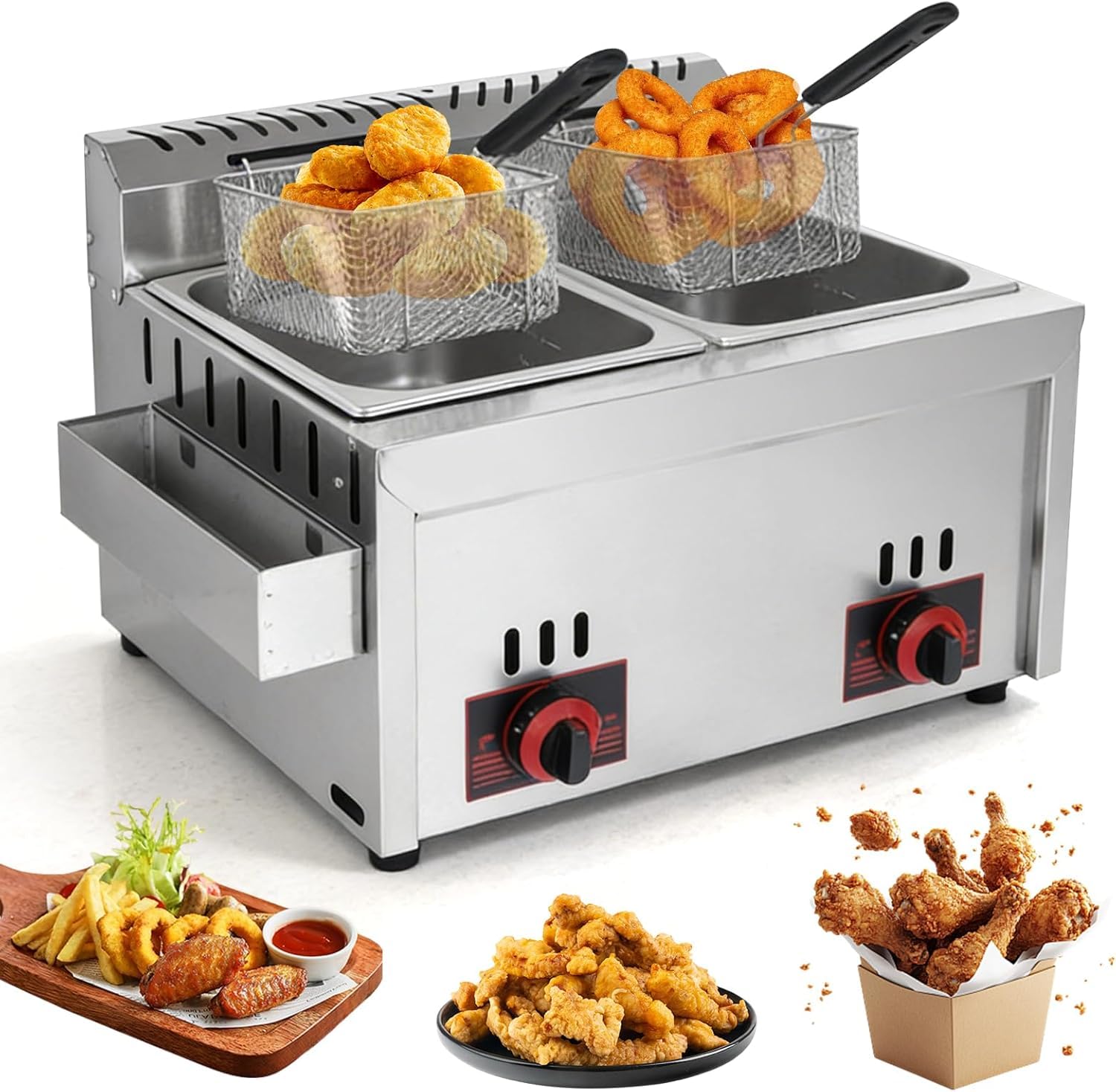 Friggitrice a Gas Commerciale, Doppia Friggitrice a Gas 6L+6L con 2 Cestelli e 2 Coperchi, Temperatura Regolabile, Riscaldamento Rapido per Uso Commerciale e Domestico, Ristoranti e Snack Bar