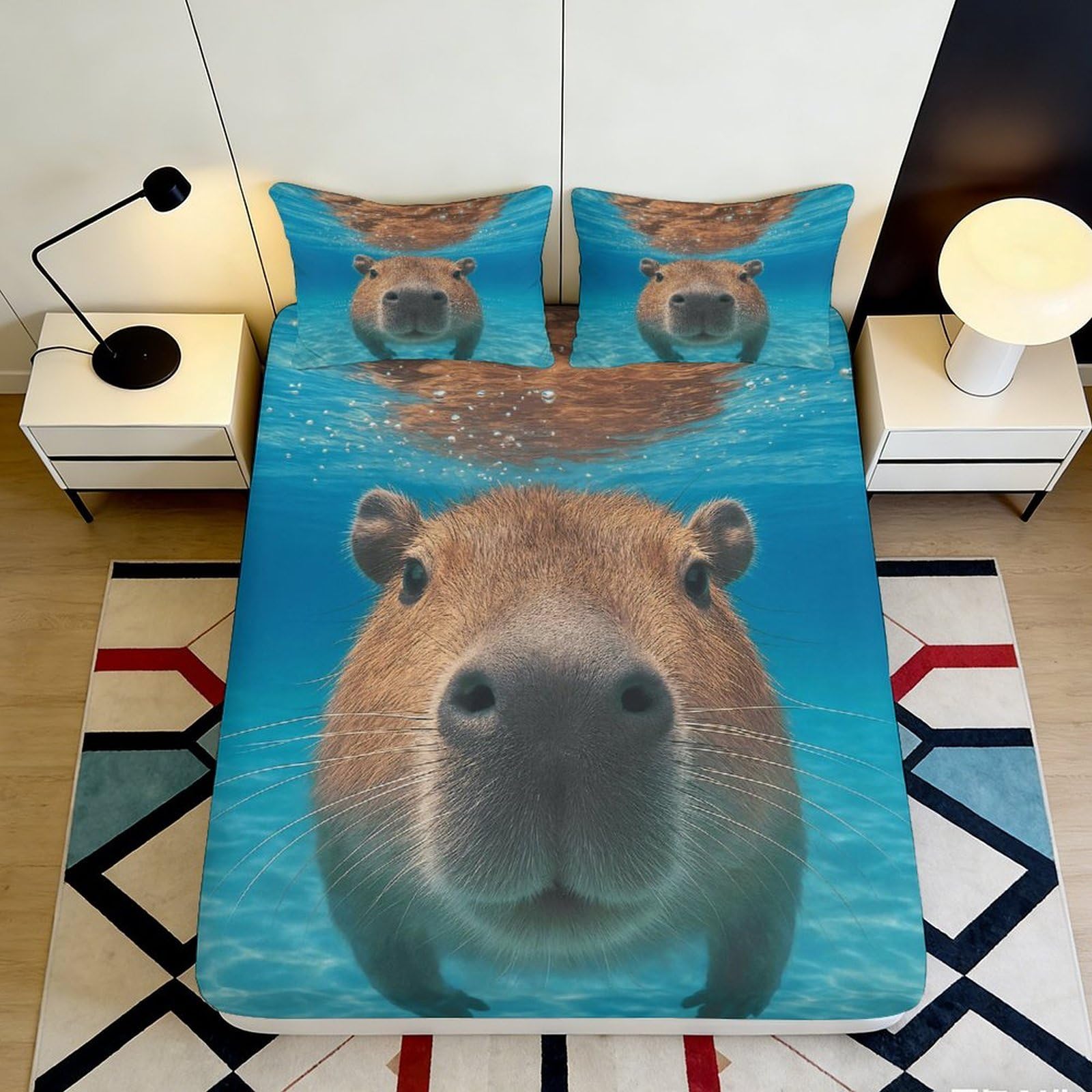 Pnayamiorkfel Style-8 3D Printed Capybara Underwater Fitted Sheet Microfiber Soft Blue Animal Mattress Cover For Bedroom Guest Room Dorm Decor 90X200x25cm