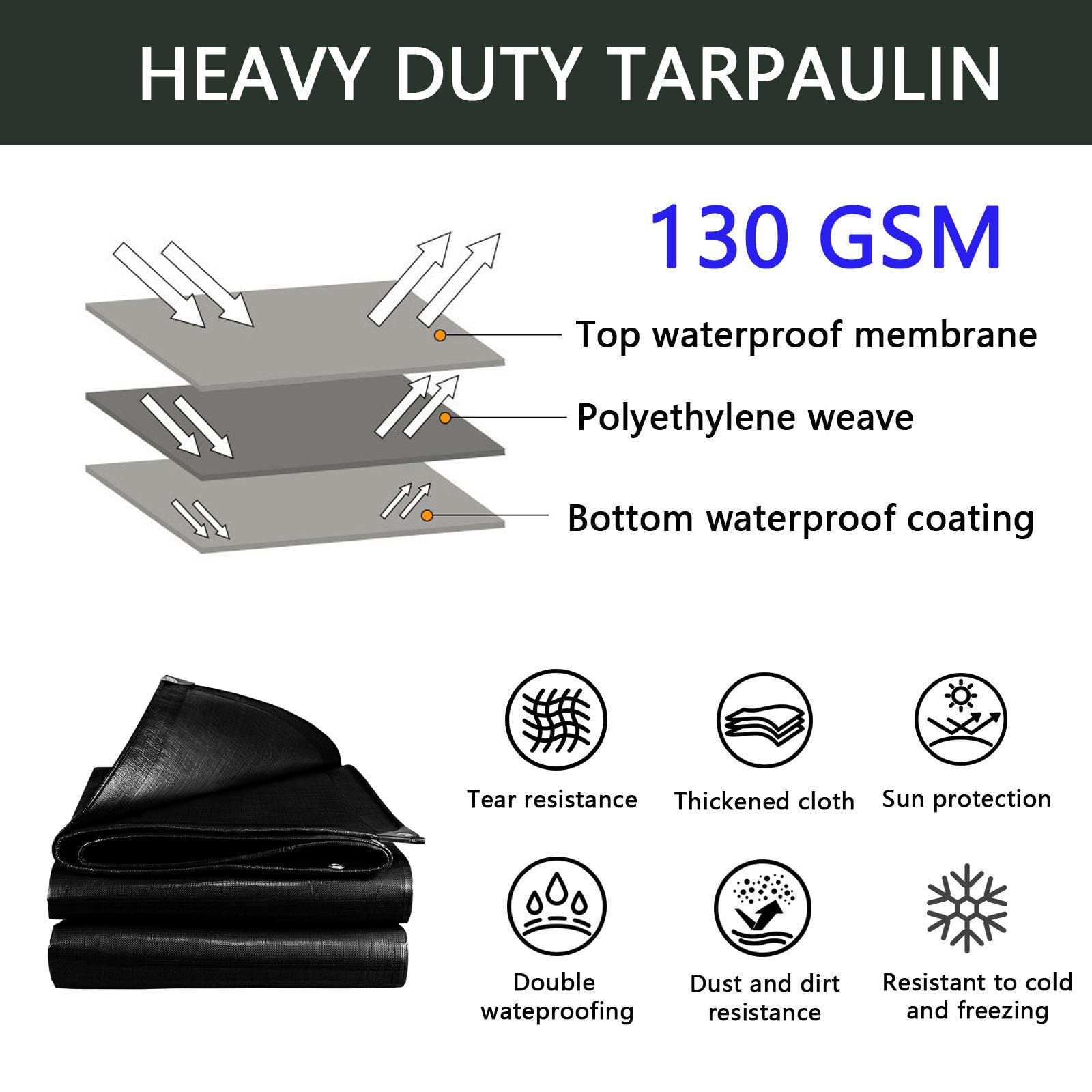 Heavy-Du - Telone impermeabile 220 x 260 cm, in resina resistente agli strappi, per legno, piscina, tupolini, auto, protezione UV contro sole, pioggia, raggio, colore: nero