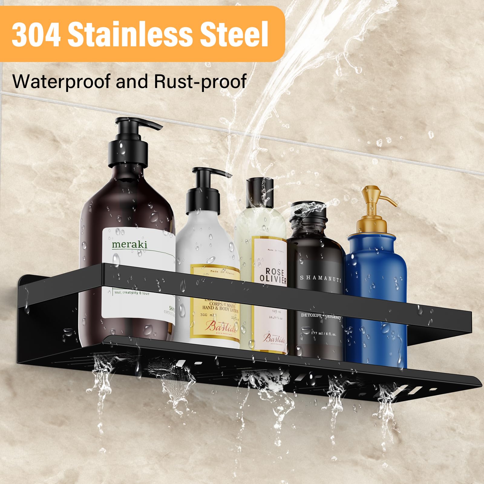 2 Pezzi Mensola Doccia senza Foratura, Mensole Bagno in Acciaio Inox con 4 Ganci, Portaoggetti Doccia, Porta Bagnoschiuma da Doccia per 2 Metodi di Installazione (Nero)