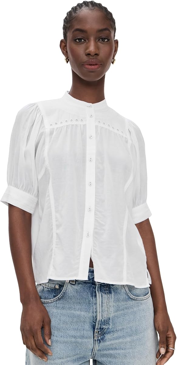 Madewell Women's Embroidered Puff-Sleeve Band-Collar Shirt