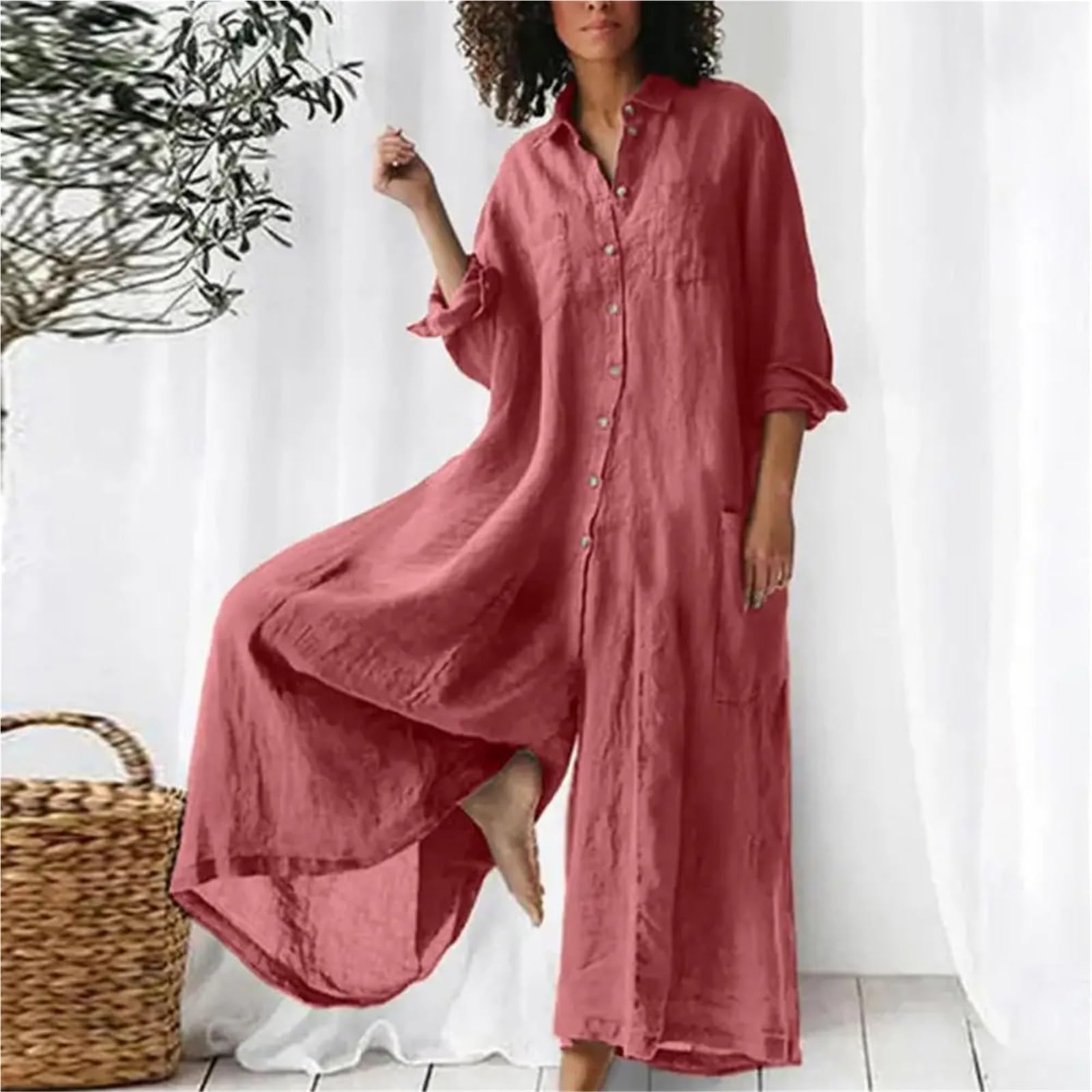 Tuta Intera in Lino da Donna Tuta da donna in lino di cotone oversize con bottoni vintage tuta spiaggia casual estiva pantaloni larghi pagliaccetto ampio