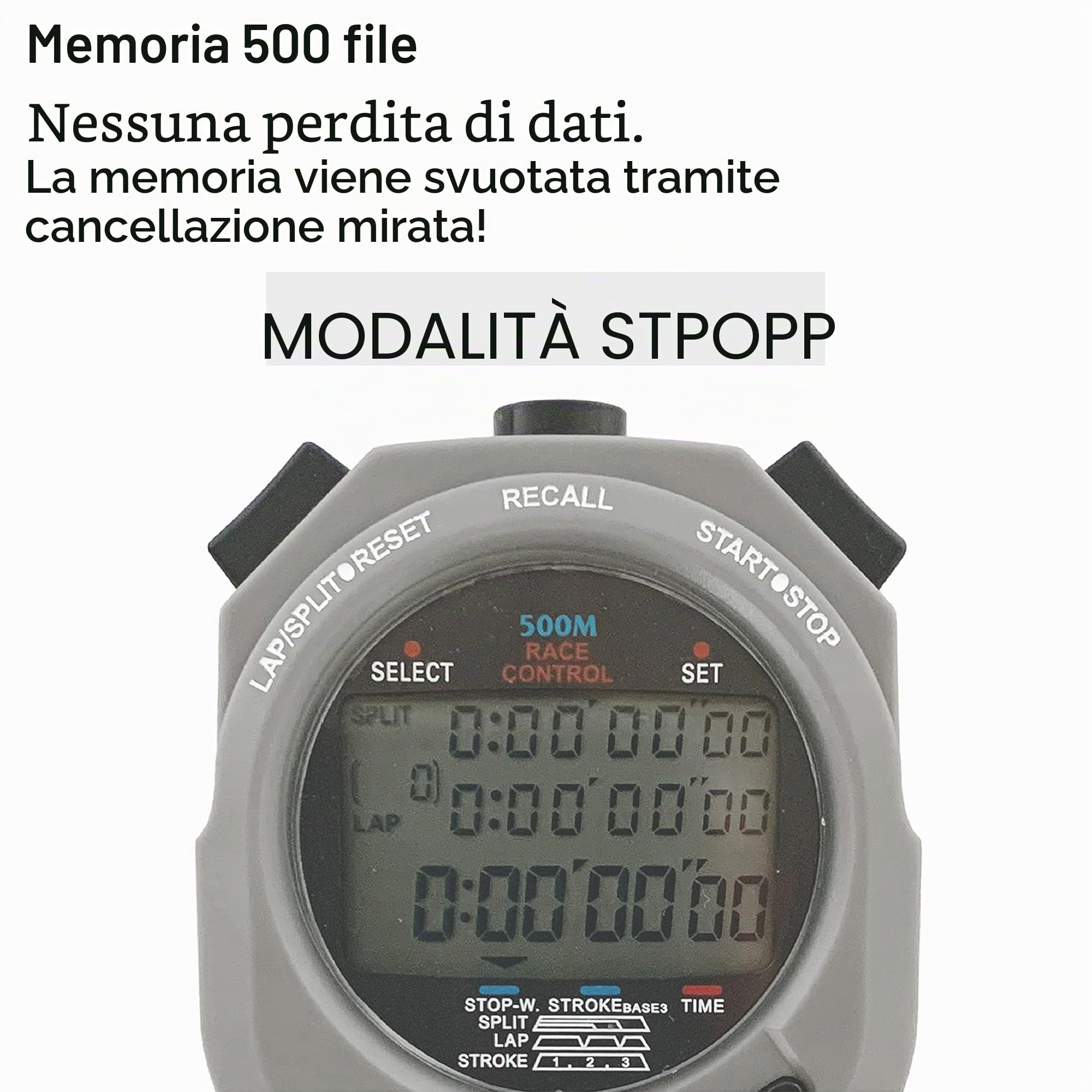 Stoptec Cronometro 496 Display 3 Righe 500 Memoria Misurazione Frequenza Corsa Controllo Gara Ora Data Antispruzzo