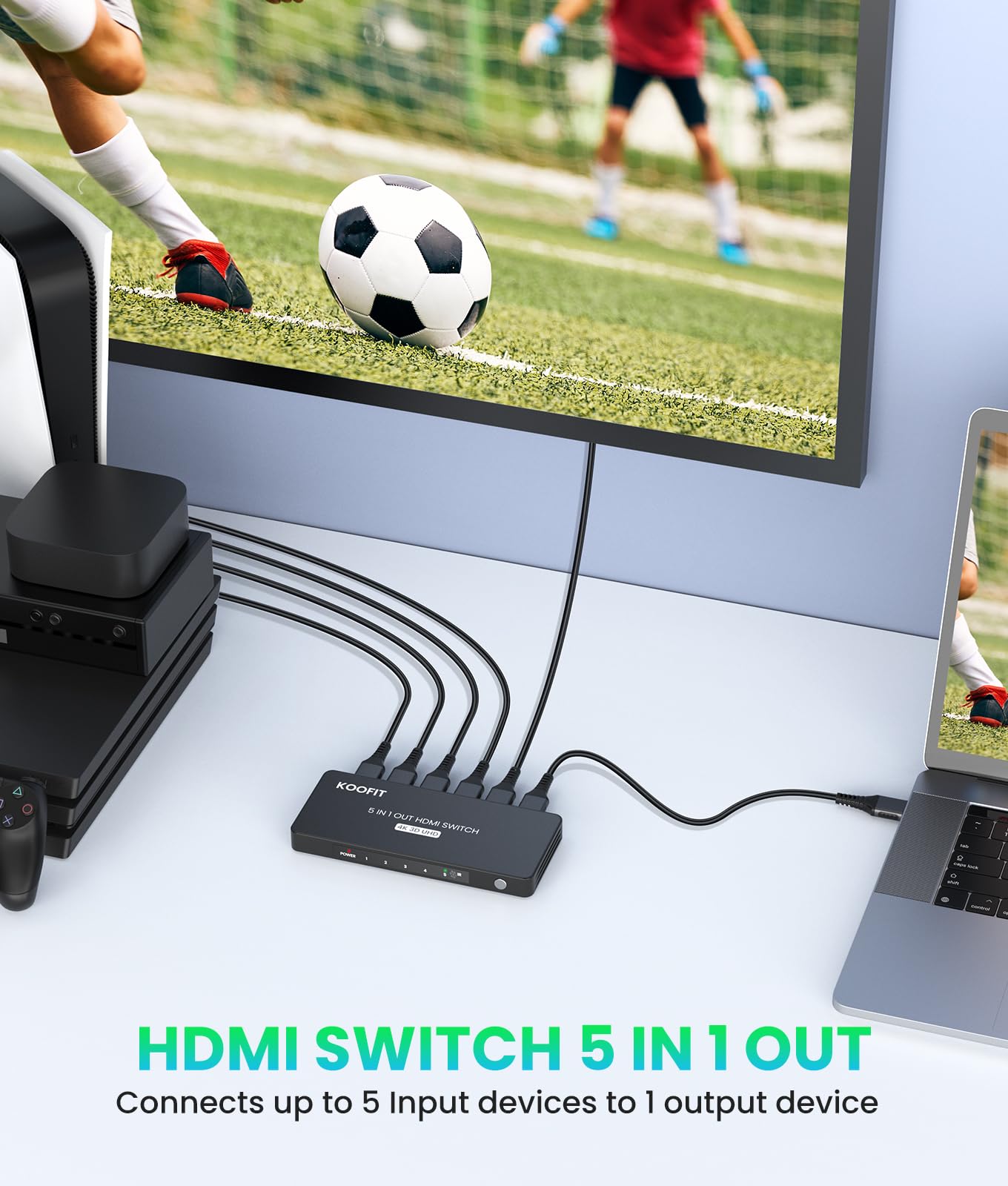 Przełącznik HDMI 5 wejść 1 wyjście, przełącznik rozdzielacz HDMI 4K z pilotem, automatyczny przełącznik obsługuje 4K 3D UHD HDR dla PS5, PS4, PS3, Roku, DVD, Blu-ray, Xbox, PC, TV