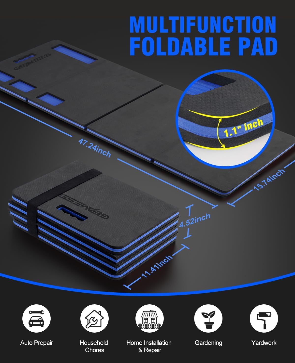 1.1" Foldable Kneeling Pad, Large Supportive Mechanic Mat with Storage Strap & Tool Tray, Extra Thick Comfortable Foam Knee Pad for Gardening, Garage, Workshop Repairing, 47.2"x15.7"