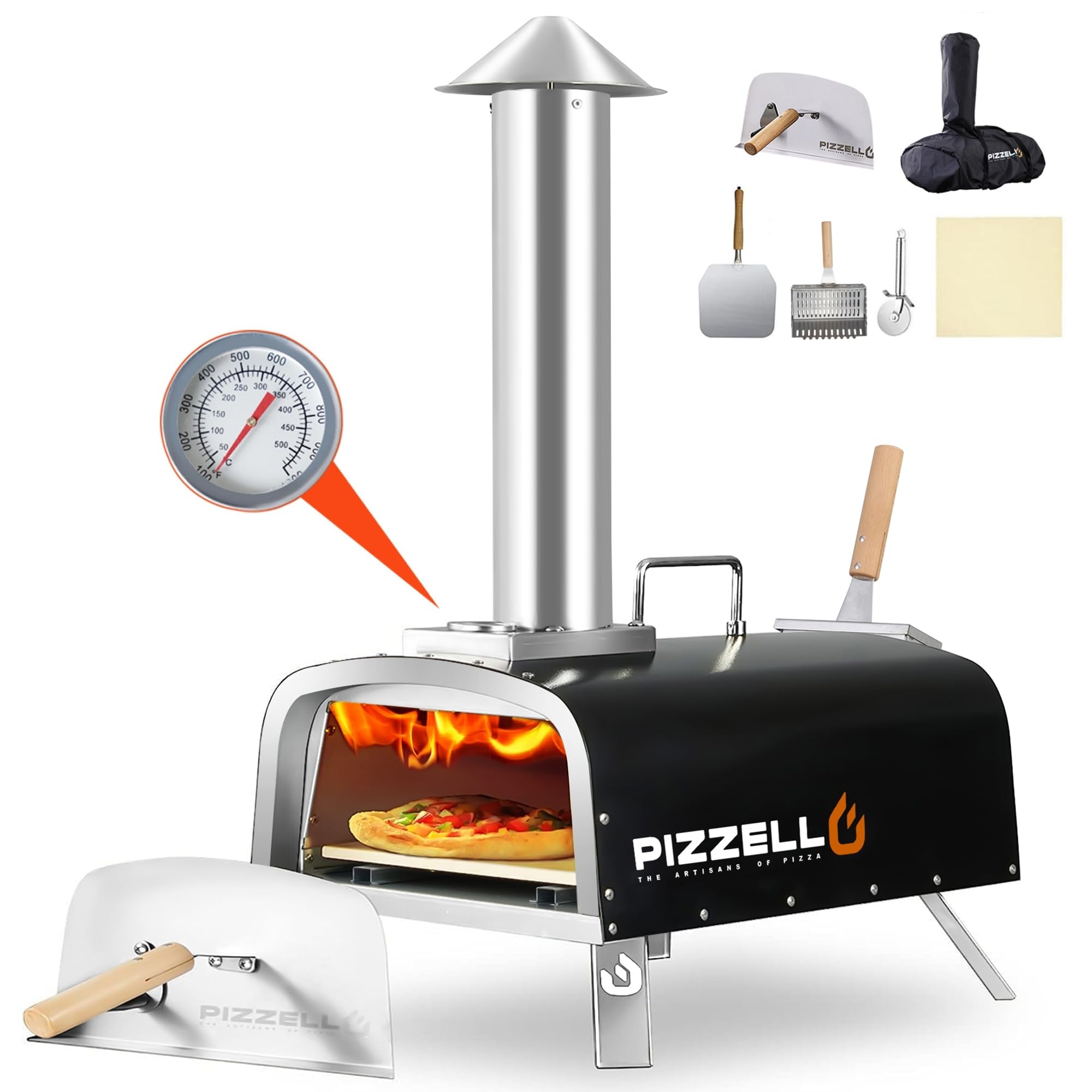 Portable Pellet Pizza Oven Outdoor Wood Fired Pizza Ovens Included Pizza Stone, Pizza Peel, Fold-up Legs, Cover, Pizzello Forte (Black)