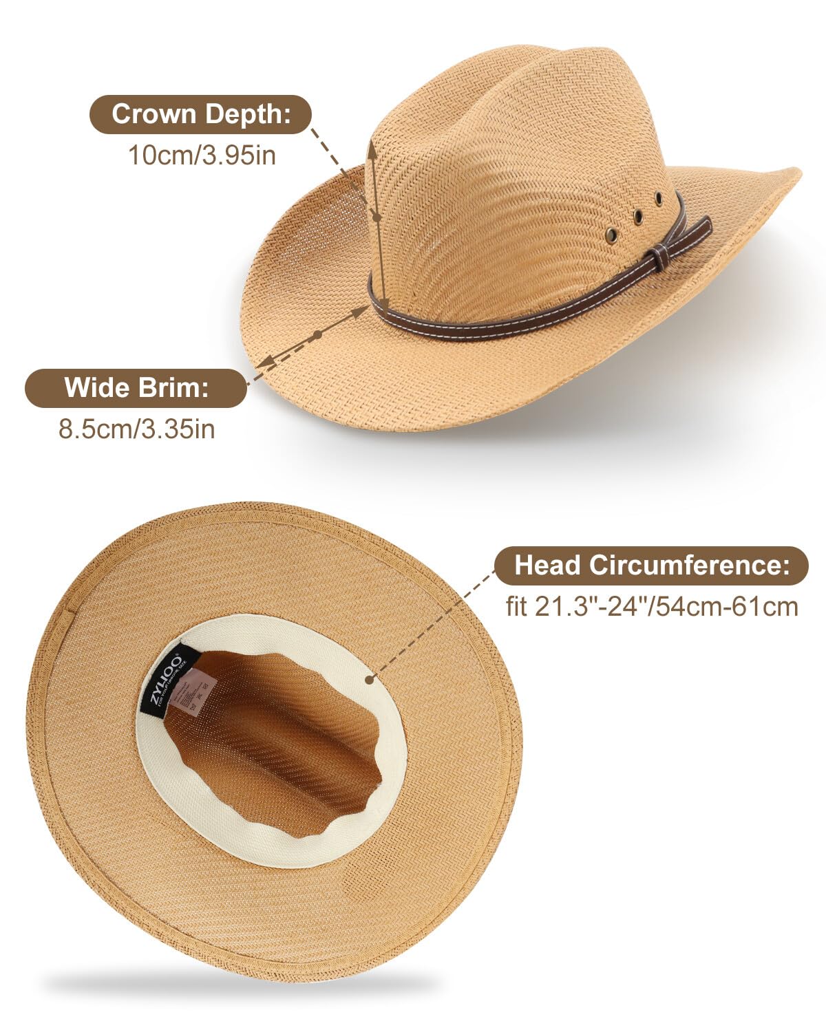 Zylioo Small Size Cowboy Hat,Natural Straw Cattleman Style Hats for Petite Heads,Cowgirl Sun Hats for Men and Women