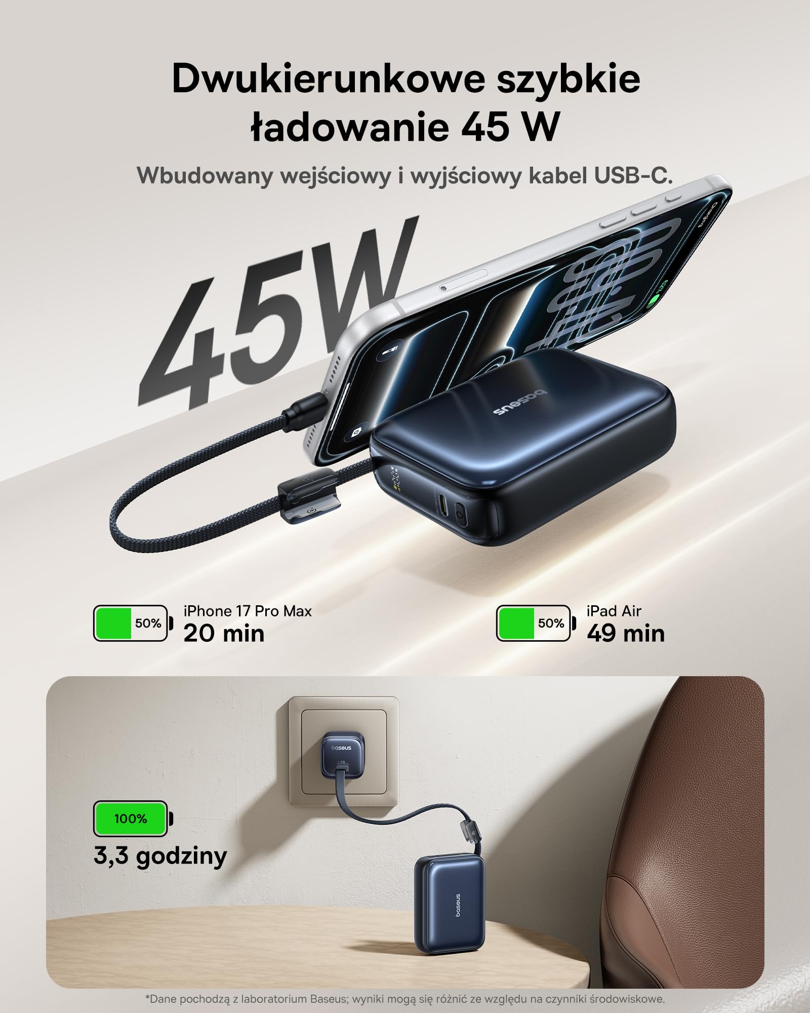 Baseus AC22 Mini Powerbank 20000 mAh, 45W PD – niewielki powerbank z wbudowanym kablem USB-C, przenośna bateria zewnętrzna w kieszonkowym formacie do iPhone'a 17/16/15, Samsunga S26/S25 Ultra, iPada