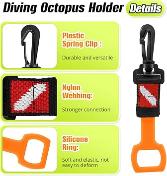 2 Pack Scuba Diving Regulator Octopus Holder, Octopus Mouthpiece Retainer with Spring Clip, Dive Flag Webbing and Silicone Ring, 2nd Stage Regulator Keeper for Divers and Snorkelers