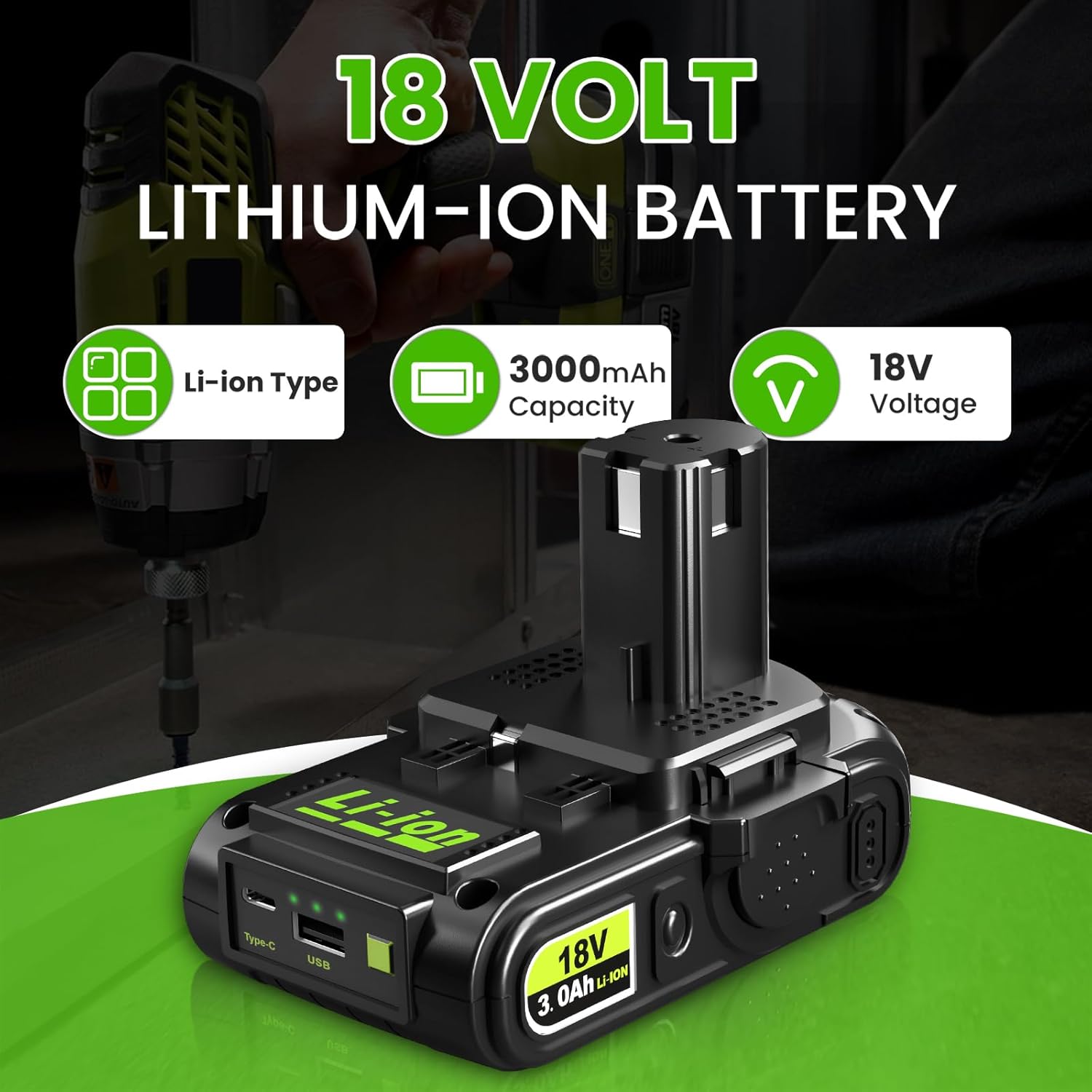 Abeden 18V 3.0Ah Replacement for Ryobi Battery with USB, Compatible with Ryobi 18V Battery P102 P103 P104 P105 P107 P108 P109 Series Cordless Power Tools and Charger - Image 2