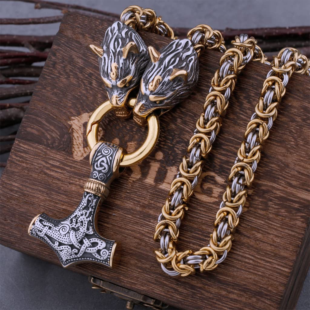 Nmvawipt Men's B Thor's Hammer Pendant Necklace, With Wooden Gift Ox, Nordic Mythology Mjolnir Stainless Steel Viking Amulet Jewelry, Heavy Fenrir Wolf Animal Head King Chain Ornats,,70Cm Chain