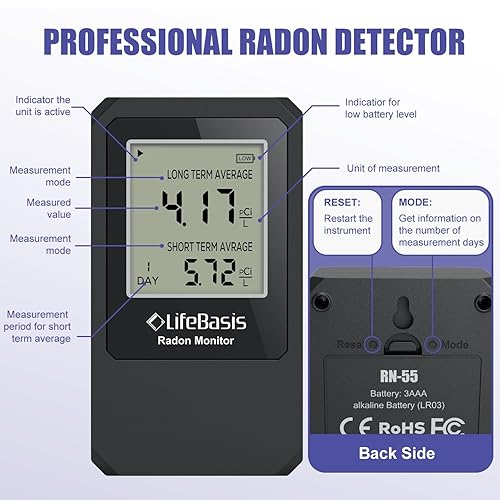 Miniatura 5 de Life Basis - Detector de radón para el hogar, probador de radón portátil para el hogar con monitoreo de radón a largo y corto plazo, rango de 0-500