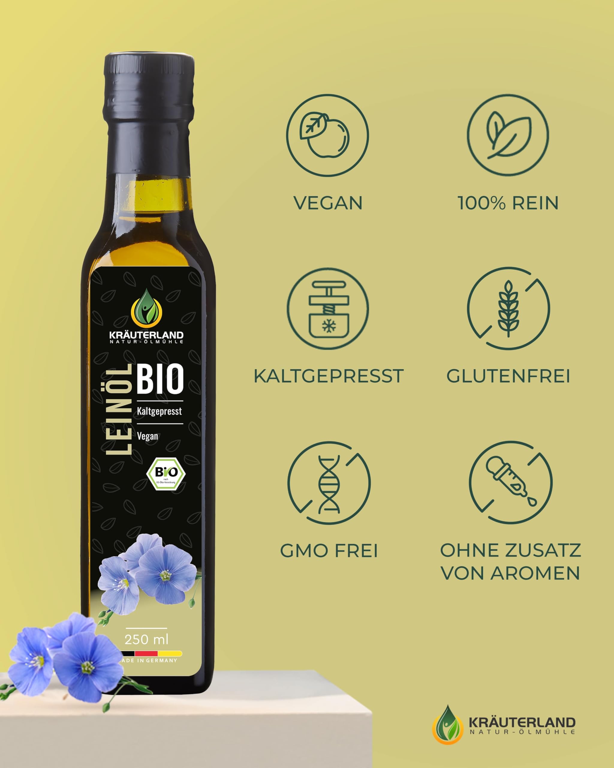 Kräuterland Bio Leinöl 2X250ml (500ml), Bio Leinsamen, kaltgepresst, mild & nussig, reich an Lignane und Omega 3-6-9 Fettsäuren, naturrein ohne Zusatzstoffe, glasflasche, mühlenfrisch - 4