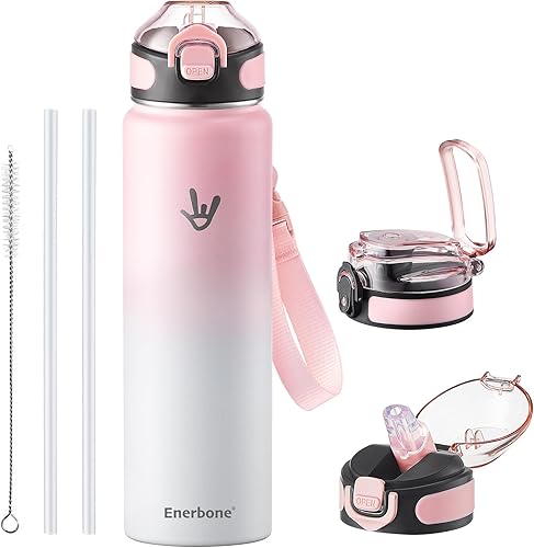 Miniatura 22 de Enerbone - Botella de agua aislada de 32 onzas, botella de acero inoxidable con correa para transporte, diseño de aislamiento al vacío de doble para