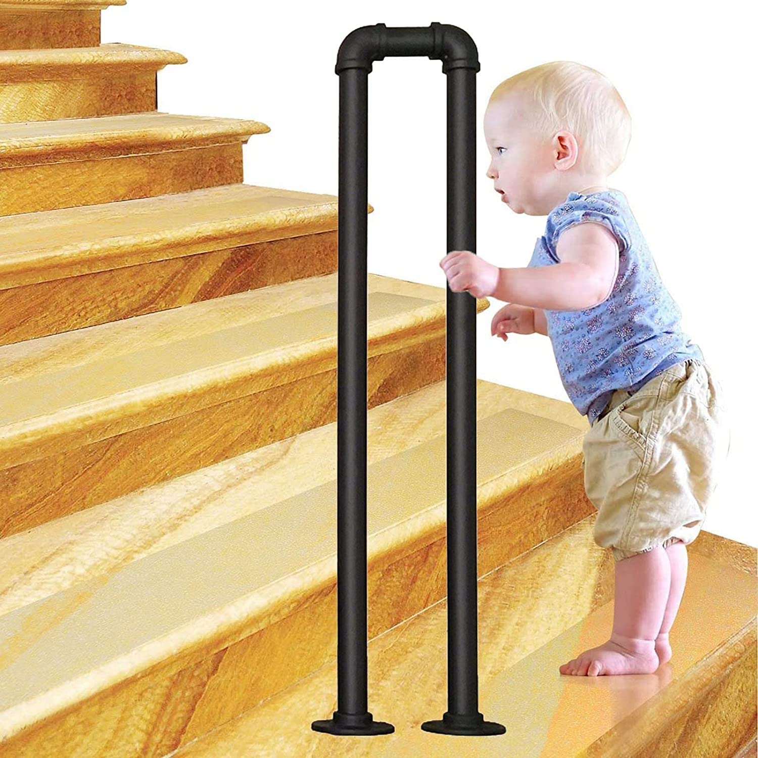 Stair Handrail for Indoor Outdoor Handrails for Indoor Outdoor Steps， Matte Black U Type Support Poles Industrial Wrought Iron Railing ，Non-Slip Safety Staircase Railing(80cm(2.62ft))