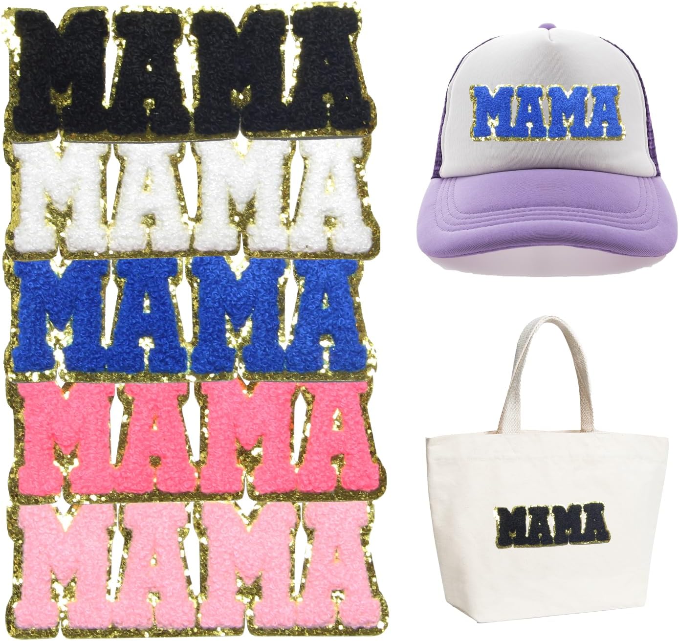 5PCS Mama Embroidery Chenille Patches Set Featuring Colorful Fuzzy Text Design with Gold Trim Perfect for DIY Clothing Hats Bags