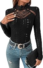 GORGLITTER Women's Bodysuit Elegant Bodies Stand-Up Collar Eyelet Embroidery Bodysuits Long Sleeve Bodysuit with Lace Insert