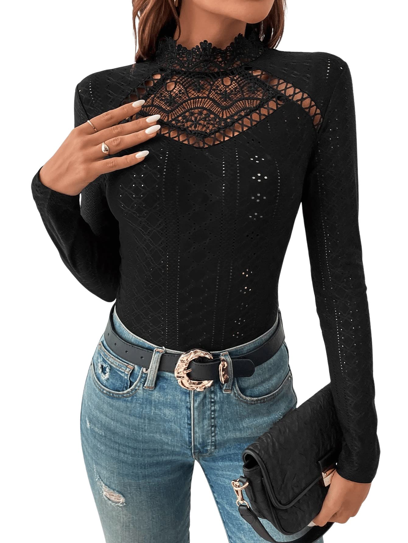 GORGLITTER Damen Bodysuit Elegant Stehkragen Öse Stickerei Langarm Body mit Spitzeneinsatz