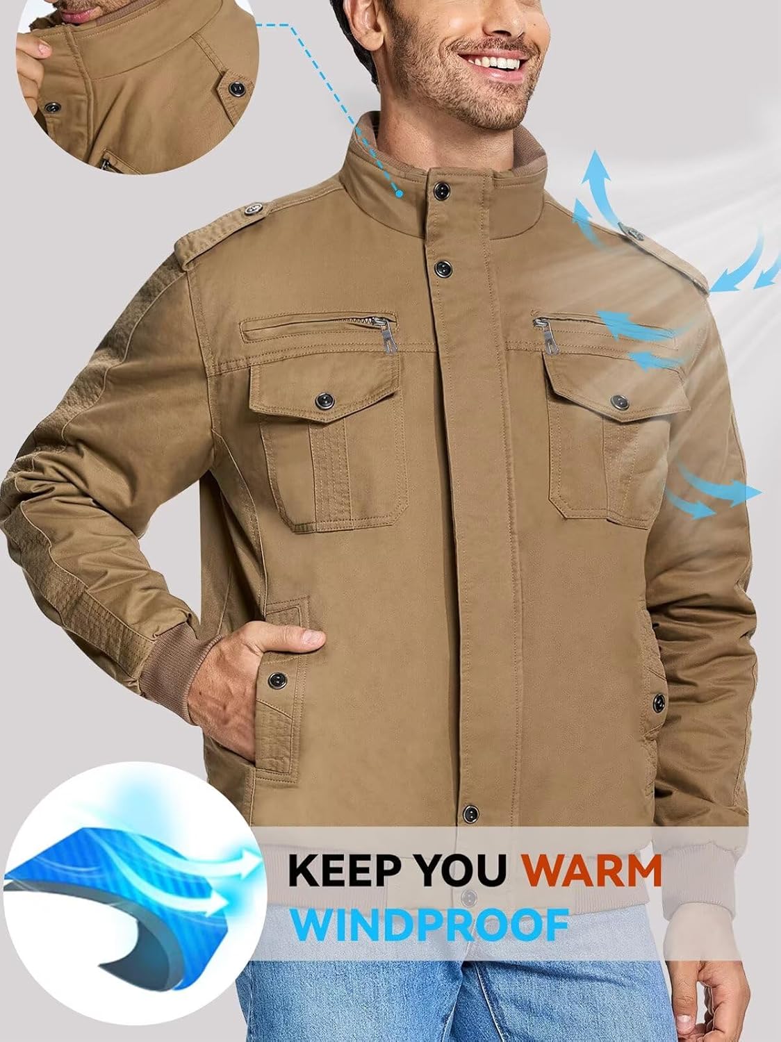 Jinsha Mens Canvas Cotton Military Casual Jacket Outdoor Utility Zipper Hiking Cargo Workwear Jackets Multi Pockets - Image 5