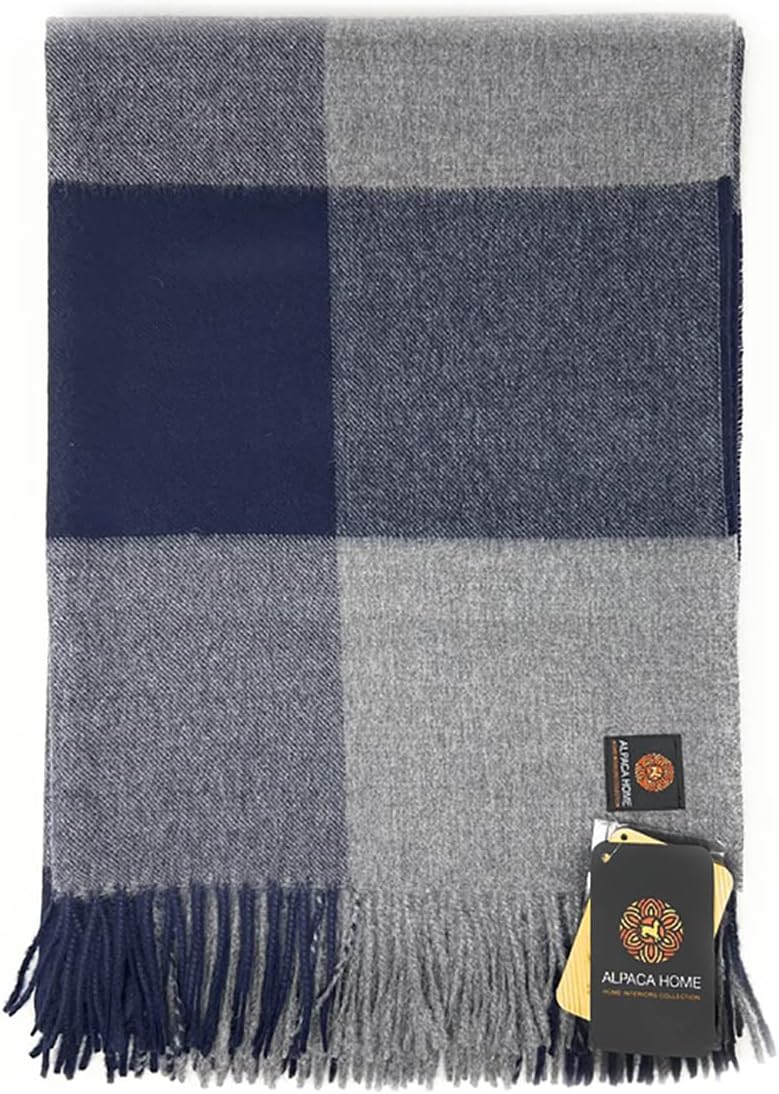 | Cheeky Checks Alpaca Throw Blanket | 100% Baby Alpaca Wool | 6.6 Feet Long X 4.25 Feet Wide | Hypoallergenic, Soft & Cozy (Midnight Oasis)