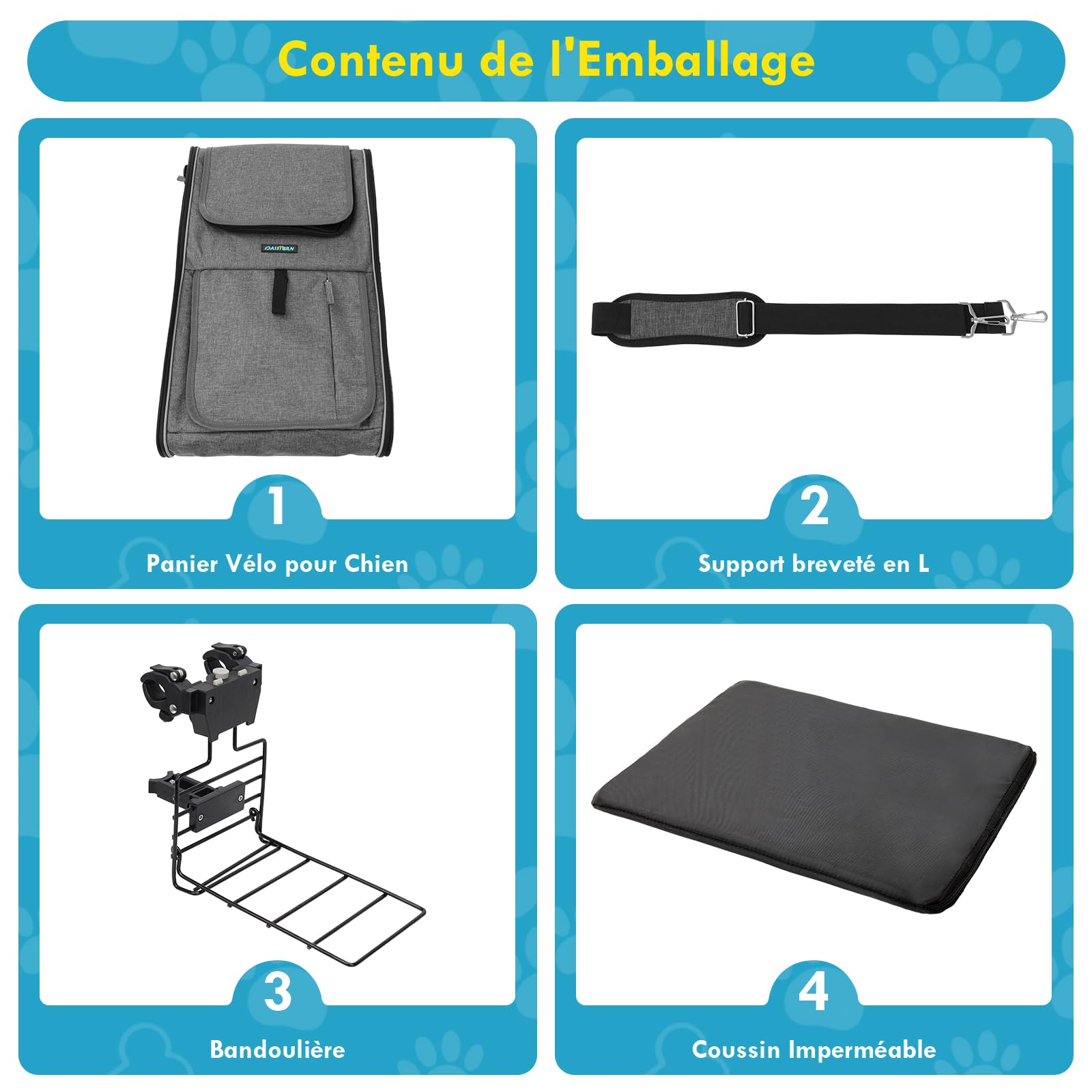 Panier Vélo Avant pour Chiens Chats jusqu'à 10KG avec L Support Φ8cm, Pliable 4 en 1 Sac à Dos, Sac Bandoulière, Siège Auto avec Coussin Confort, Fenêtres Filet, Bandes Réfléchissantes