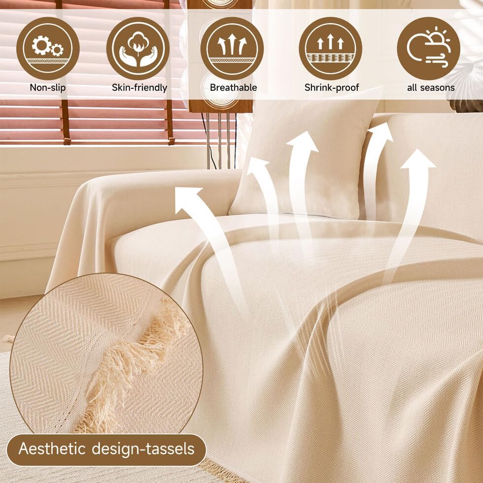 ROOMLIFE Boho Couch Covers White for 3 Cushion Sofa,Couch Cover Sectional Sofa Cover for Dog, Washable Furniture Sofa Protector Cover Soft Blanket with Tassel for Living Room, 71''X134''