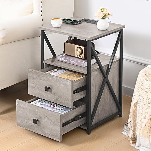 Miniatura 17 de Livofloral Mesitas de noche LED con estación de carga, mesas auxiliares negras con almacenamiento, mesas auxiliares con estación de carga, mesita de