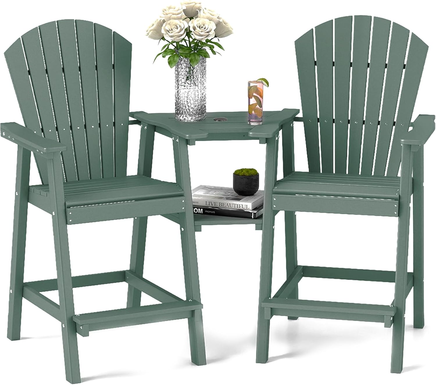FOOWIN Tall Adirondack Chair Set of 2, All Weather HDPE Bar Height Adirondack Chair with Double Connecting Trays, Adirondack Barstools for Balcony, Deck, Backyard, Patio, Garden Dark Green