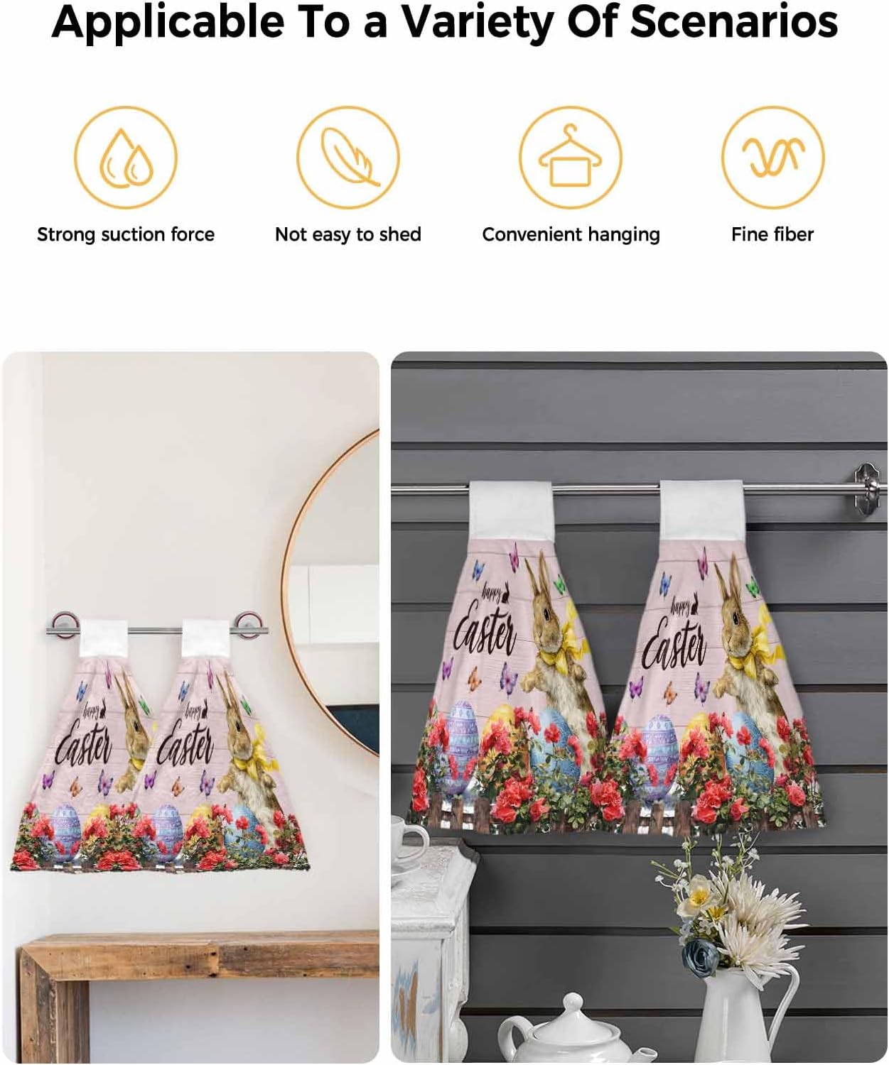Spring Easter Bunny Kitchen Hand Towels with Hanging Loops Set of 2 Pink Wooden Red Floral Easter Eggs Soft Thick Oven Fingertip Dry Microfiber Tie Dish Towel Absorbent Cleaning Washcloth for Bathroom