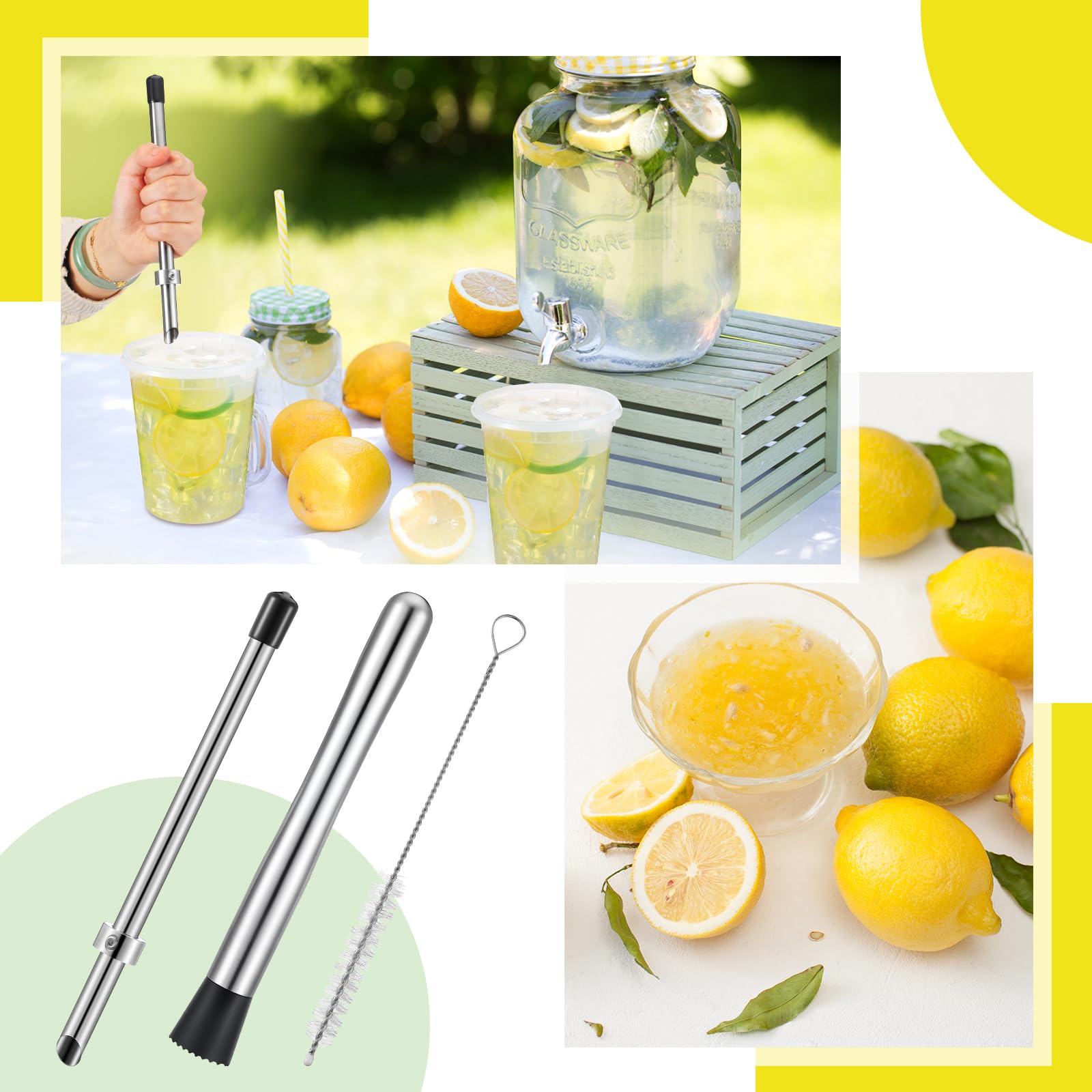 Straw Puncher For Plastic Lids, Stainless Steel Straw Cup Hole Punch Tool With Muddler And Cleaning Brush Lemonade Cutter Stand Supplies For Cafe