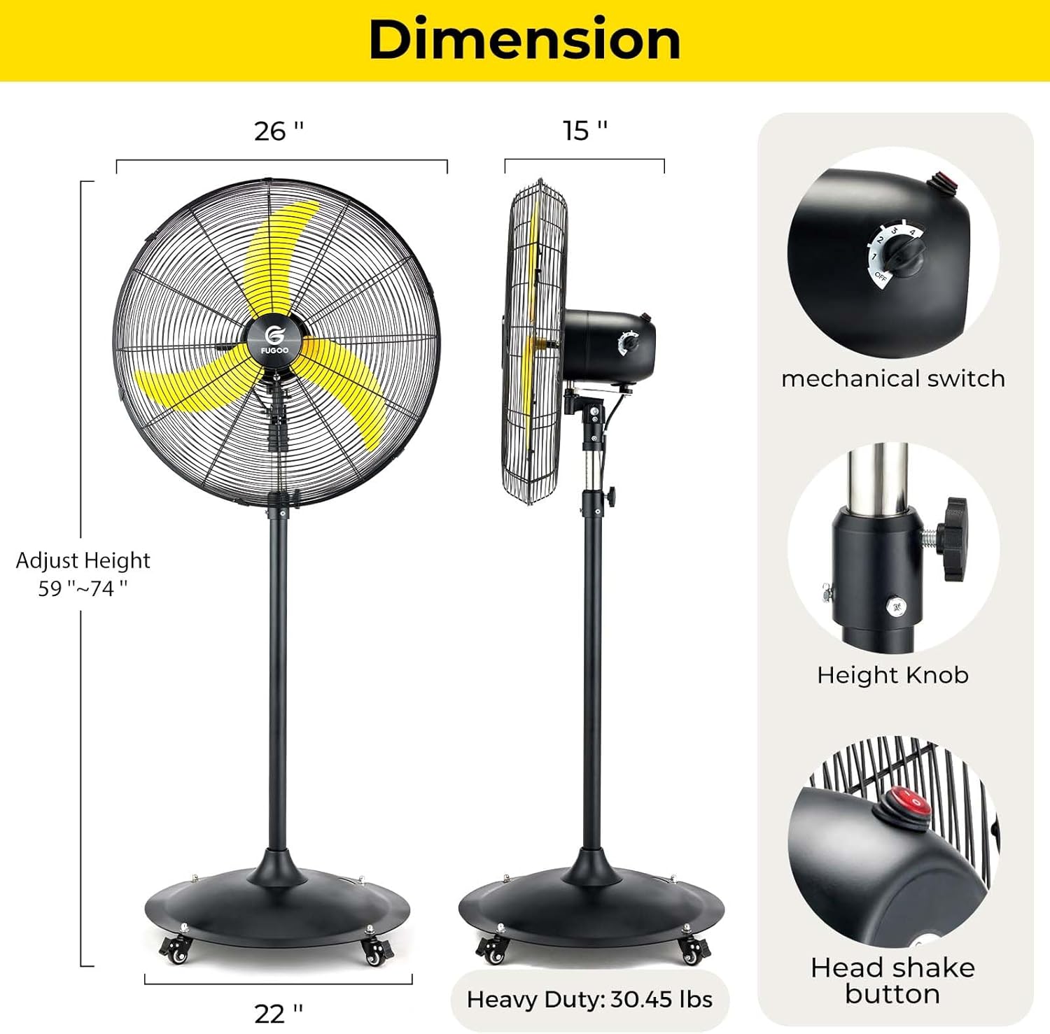 FUGOO 24" Whisper-Quiet Industrial Pedestal Fan - Brushless DC Motor, 5000 CFM Waterproof Heavy Duty Outdoor Fan, Energy Efficient for Garage, Warehouse, Patio, Commercial